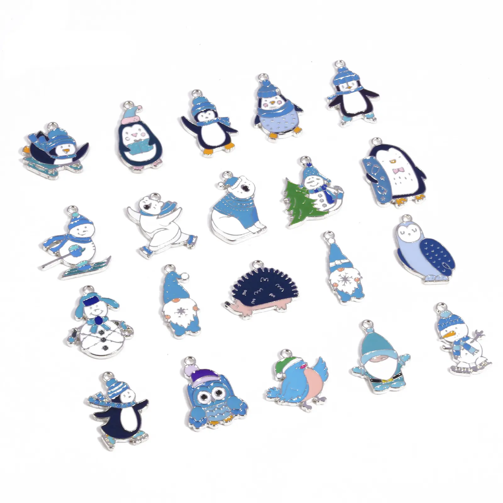10 Pcs Zinc Based Alloy Charms Winter Style White & Blue Enamel Penguin Polar Bear Santa Claus Pendants For DIY Jewelry Making