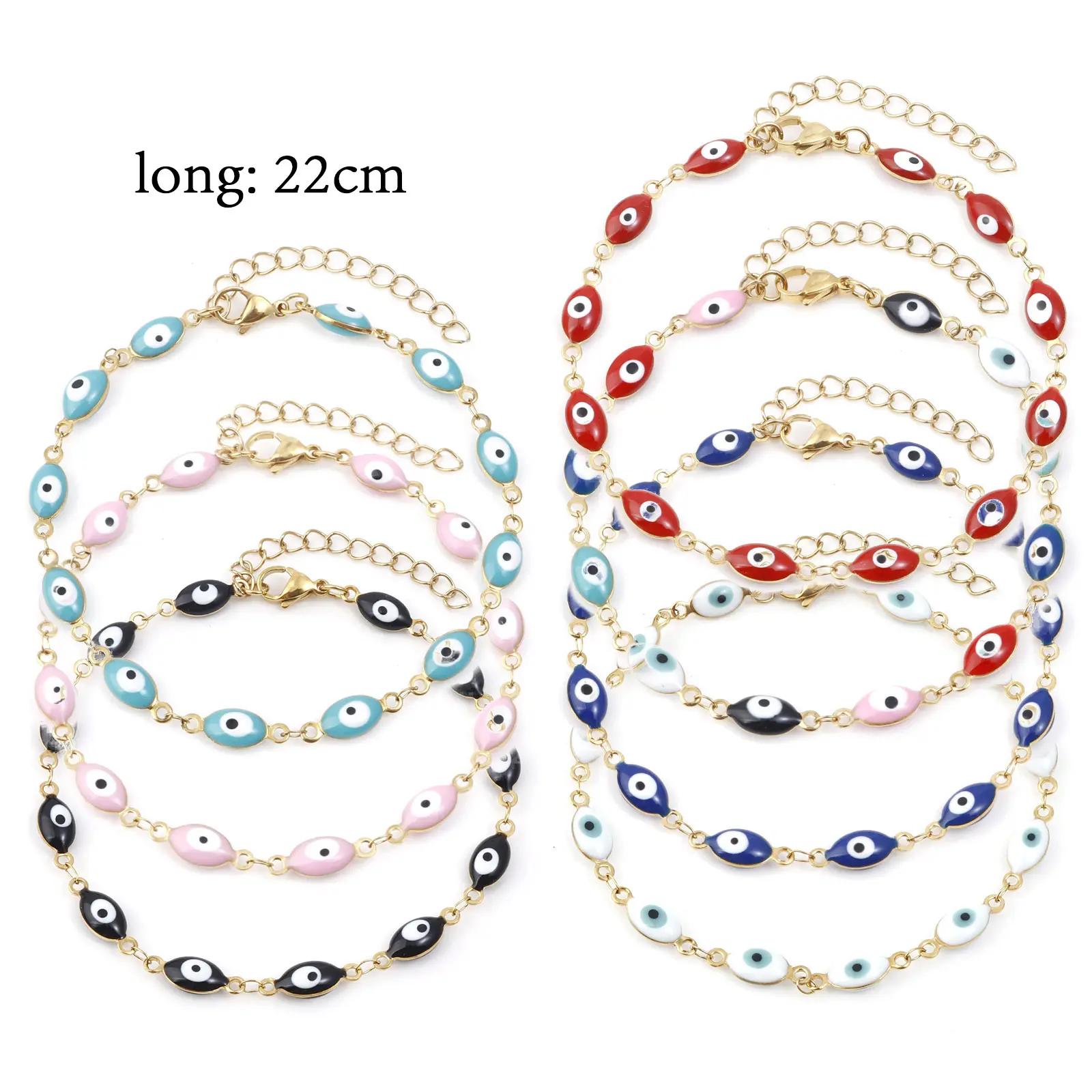 304 Stainless Steel Religious Anklet Gold Color Link Chain Multicolor Enamel Evil Eye Jewelry Gifts 22cm(8 5/8") long, 1 Piece