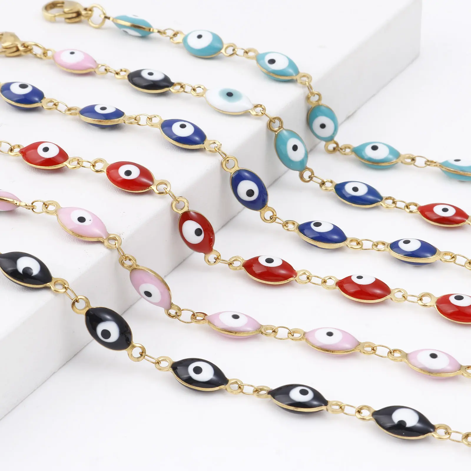 304 Stainless Steel Religious Anklet Gold Color Link Chain Multicolor Enamel Evil Eye Jewelry Gifts 22cm(8 5/8") long, 1 Piece
