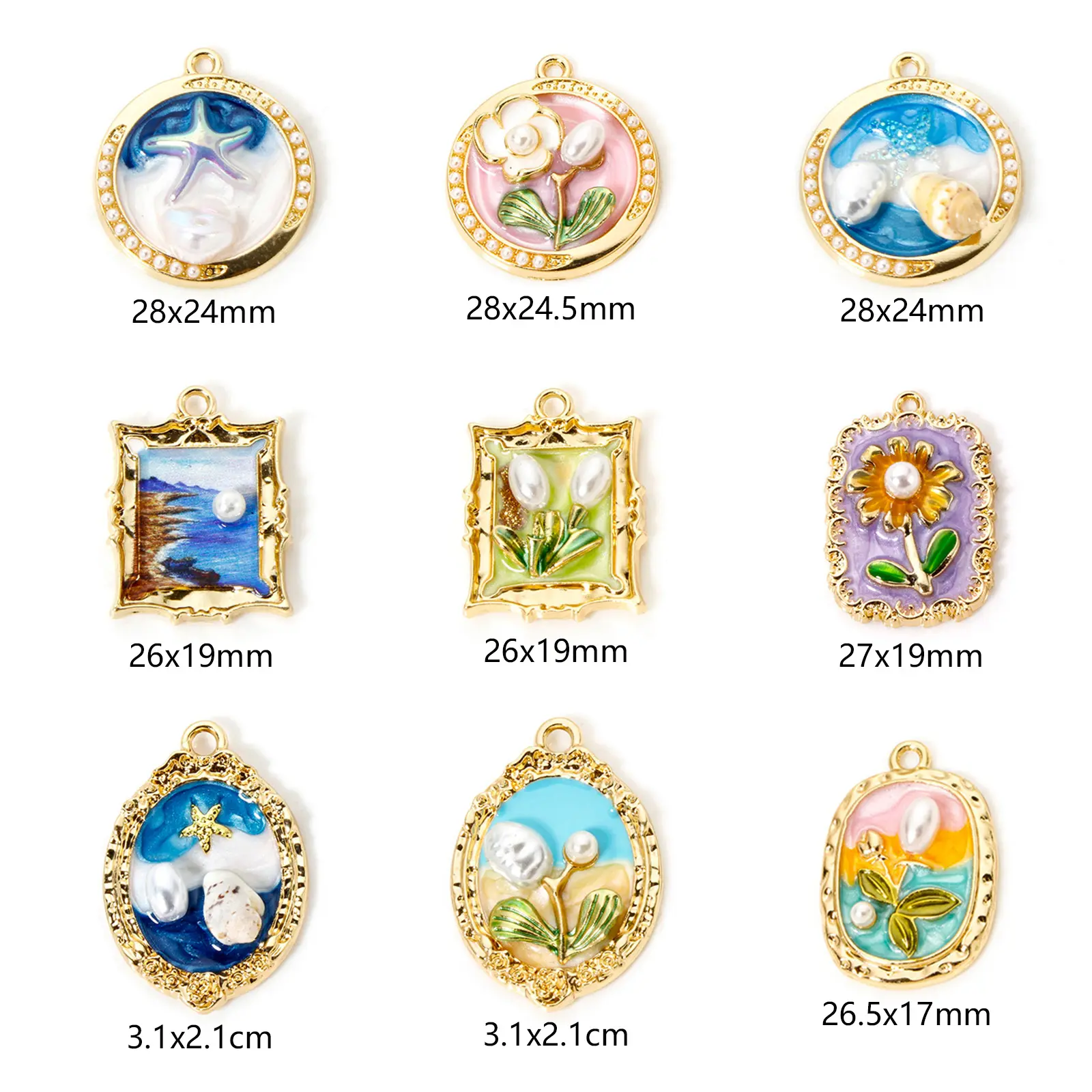5 PCs Oil Painting Flower Style Earrings Charms Frame Imitation Pearl Plant Pendant For Neckalce Jewelry Making DIY Findings