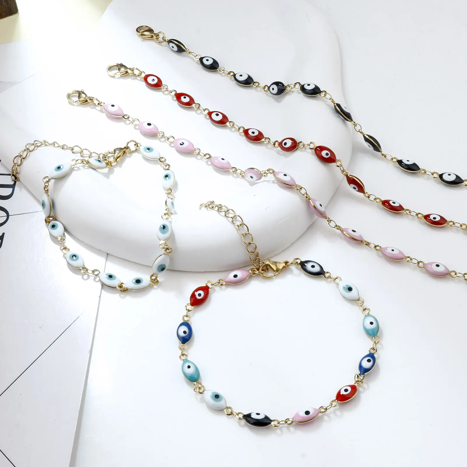 304 Stainless Steel Religious Anklet Gold Color Link Chain Multicolor Enamel Evil Eye Jewelry Gifts 22cm(8 5/8") long, 1 Piece