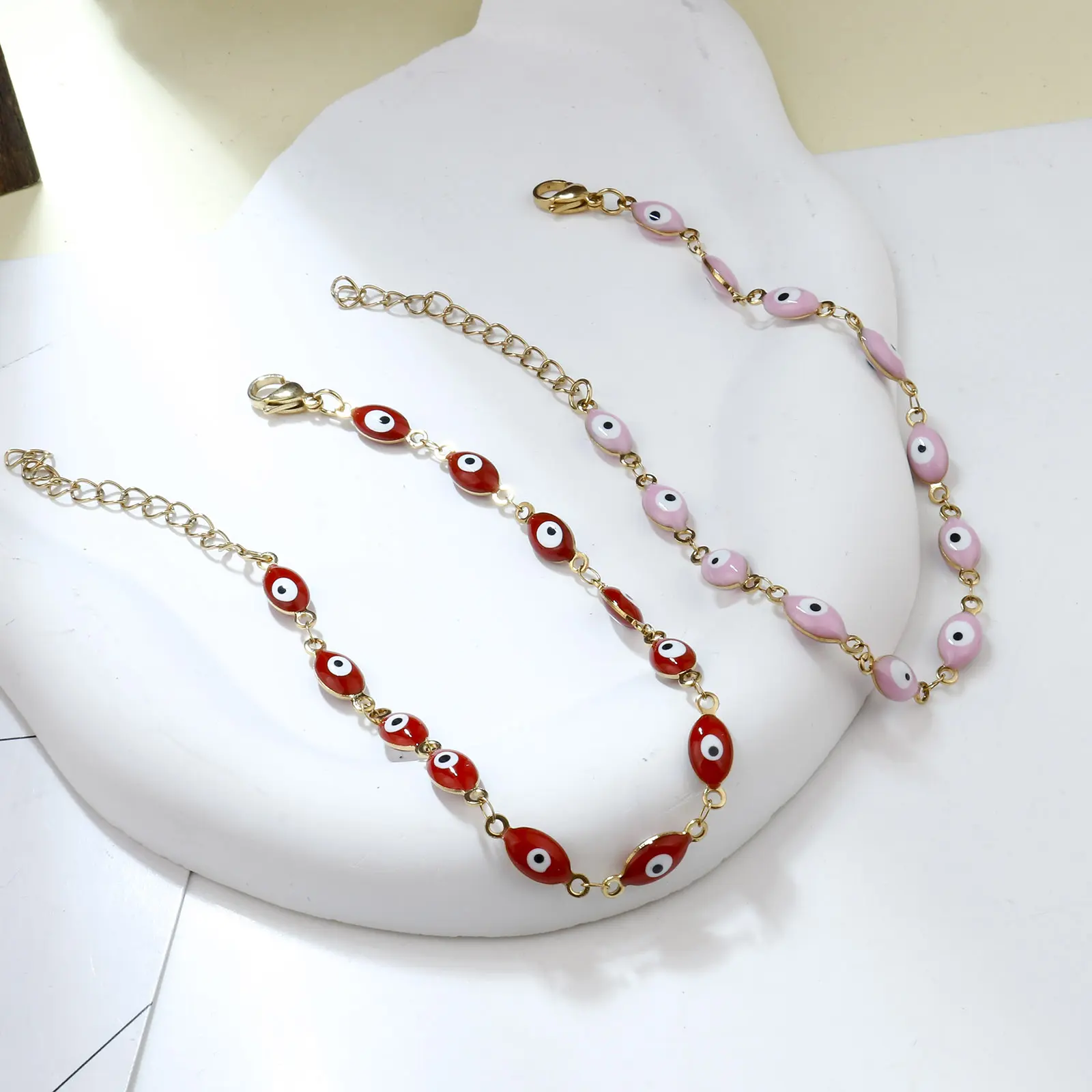 304 Stainless Steel Religious Anklet Gold Color Link Chain Multicolor Enamel Evil Eye Jewelry Gifts 22cm(8 5/8") long, 1 Piece