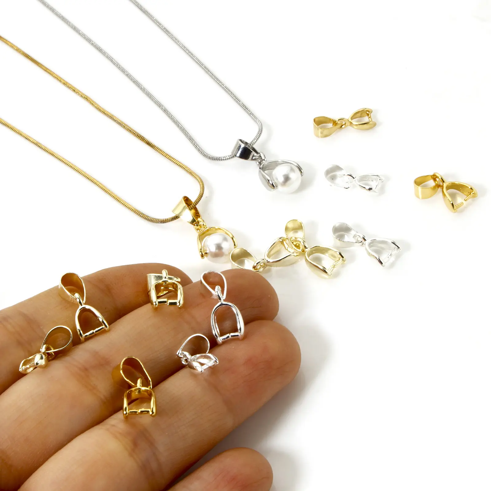 10/20 Piece Brass Pendant Pinch Bails Clasps Real Gold Plated With Pearl Bead Bail Pin DIY Bracelet Necklace Making Accessory