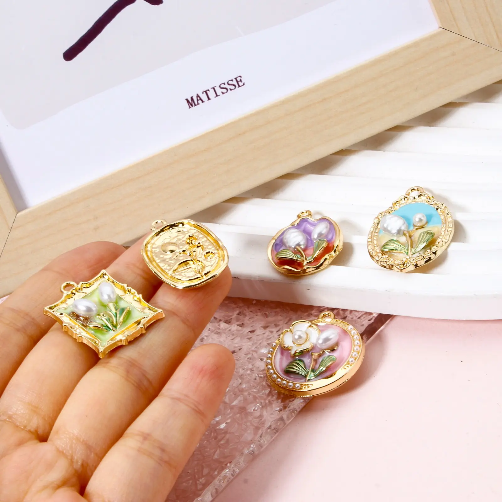 5 PCs Oil Painting Flower Style Earrings Charms Frame Imitation Pearl Plant Pendant For Neckalce Jewelry Making DIY Findings