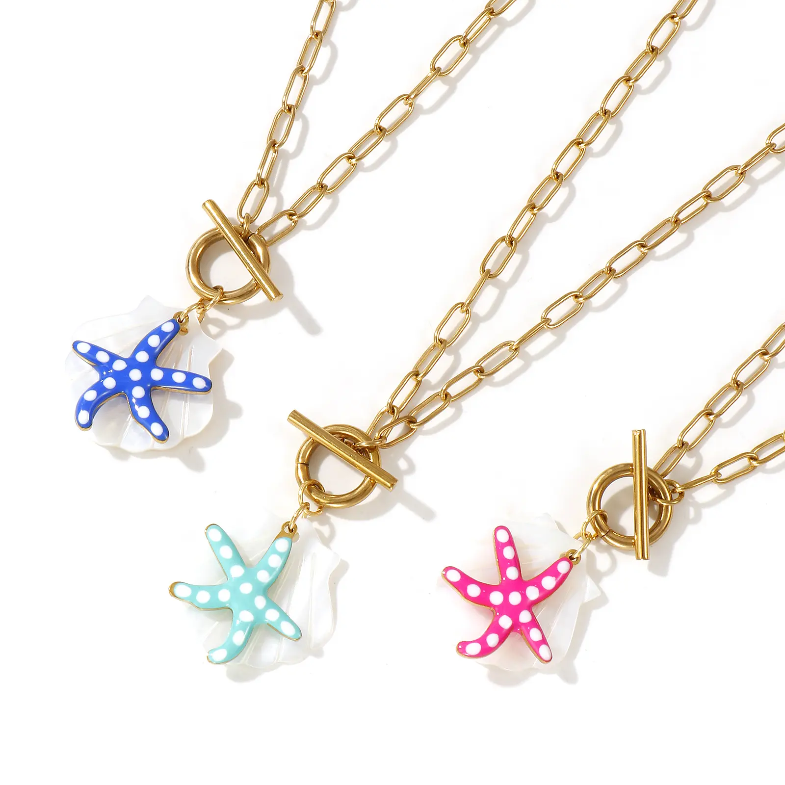 304 Stainless Steel & Shell Necklace 18K Gold Plated Paperclip Link Chain Star Fish Pendant Charm 45cm For Women Ocean Jewelry