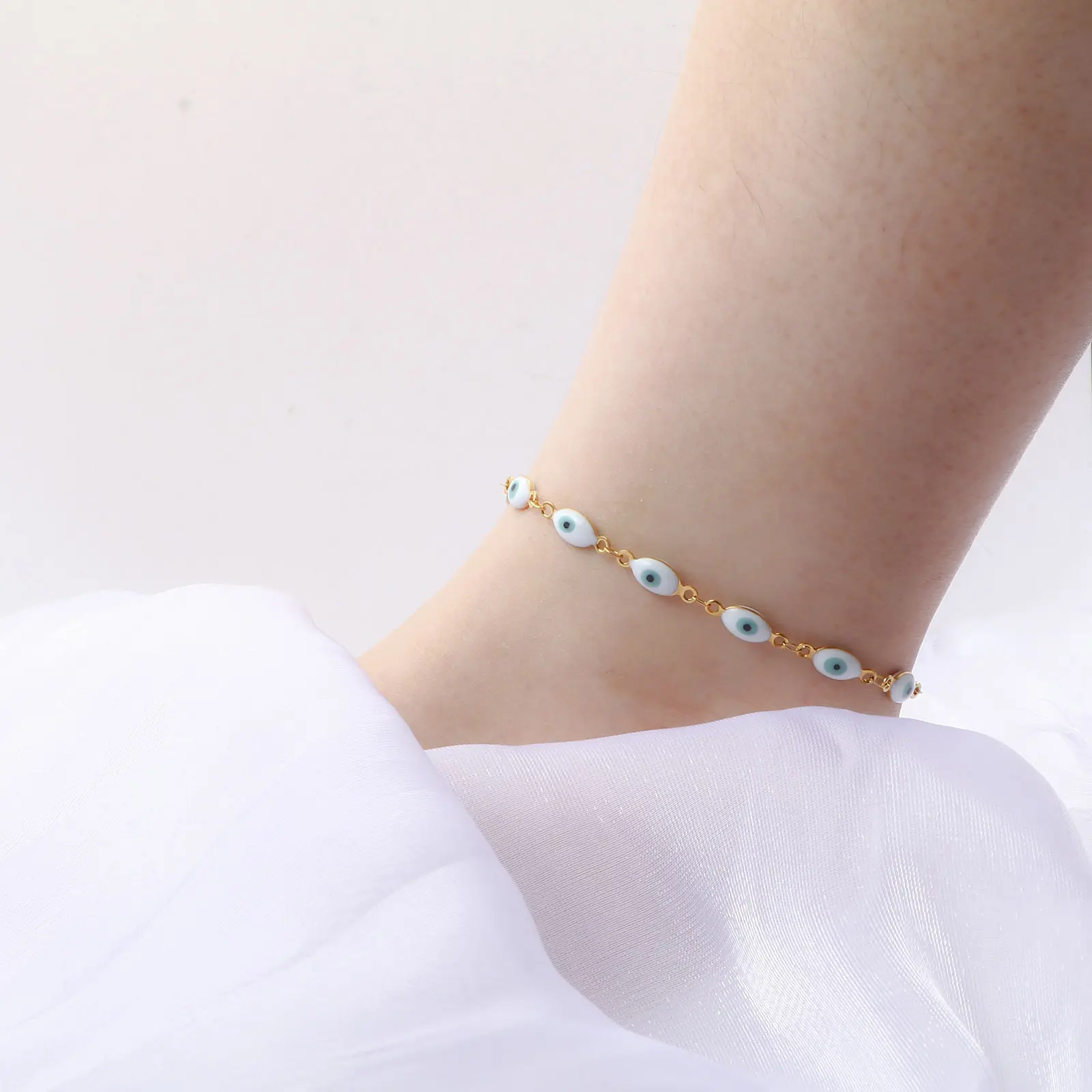 304 Stainless Steel Religious Anklet Gold Color Link Chain Multicolor Enamel Evil Eye Jewelry Gifts 22cm(8 5/8") long, 1 Piece