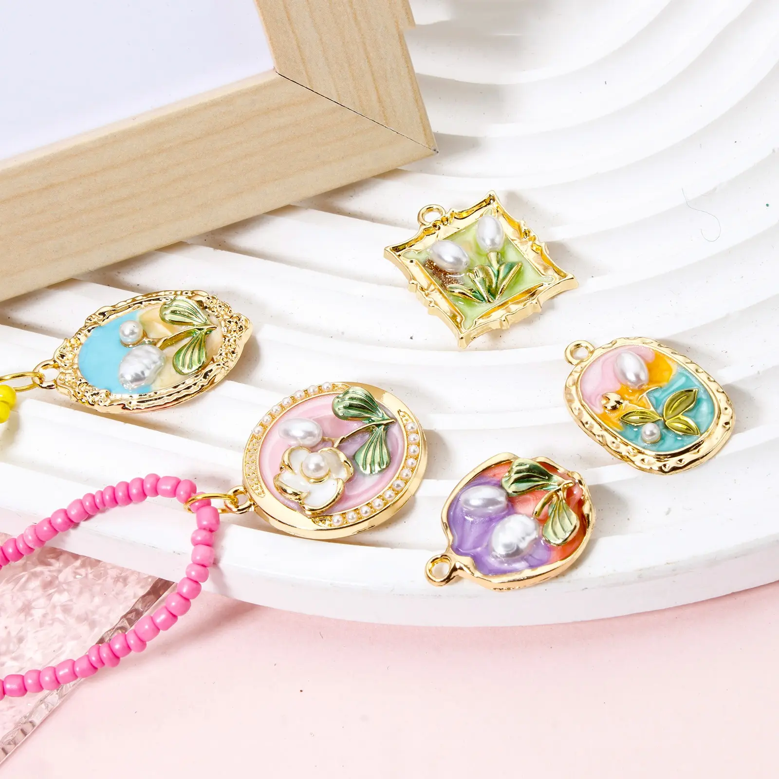 5 PCs Oil Painting Flower Style Earrings Charms Frame Imitation Pearl Plant Pendant For Neckalce Jewelry Making DIY Findings