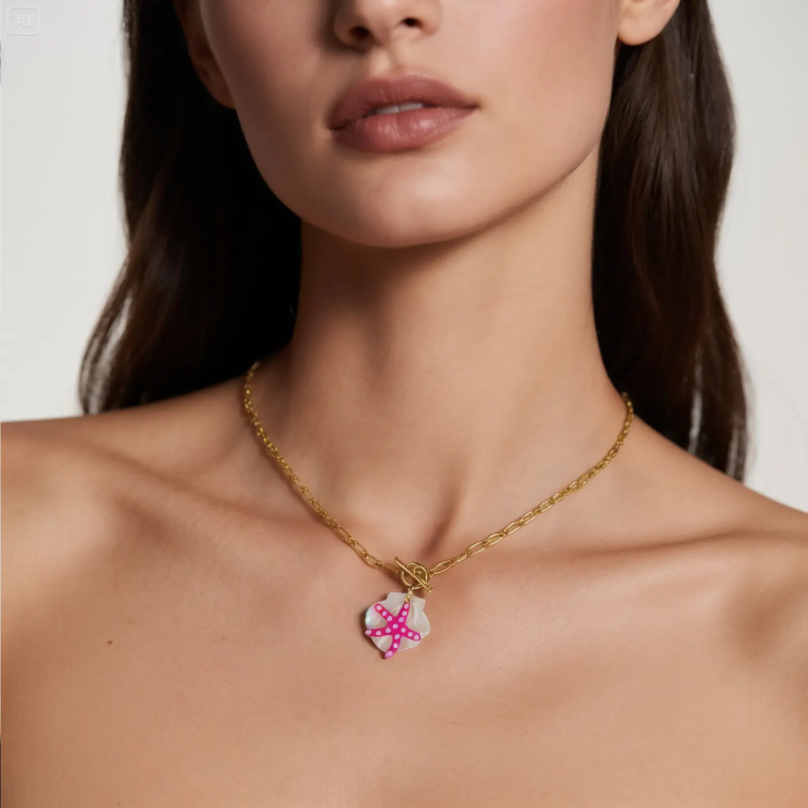 304 Stainless Steel & Shell Necklace 18K Gold Plated Paperclip Link Chain Star Fish Pendant Charm 45cm For Women Ocean Jewelry