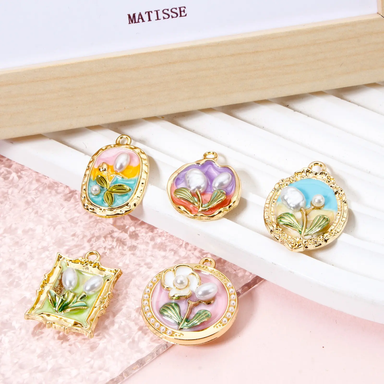 5 PCs Oil Painting Flower Style Earrings Charms Frame Imitation Pearl Plant Pendant For Neckalce Jewelry Making DIY Findings