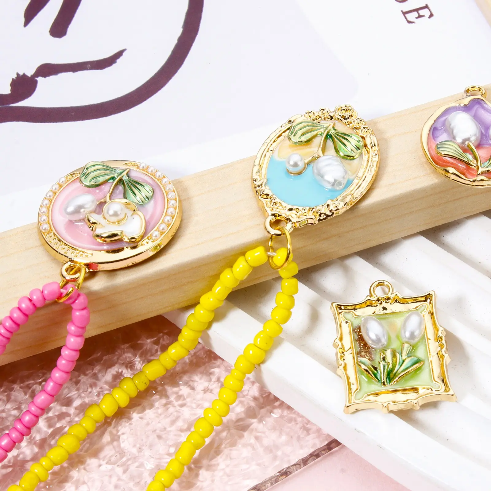 5 PCs Oil Painting Flower Style Earrings Charms Frame Imitation Pearl Plant Pendant For Neckalce Jewelry Making DIY Findings