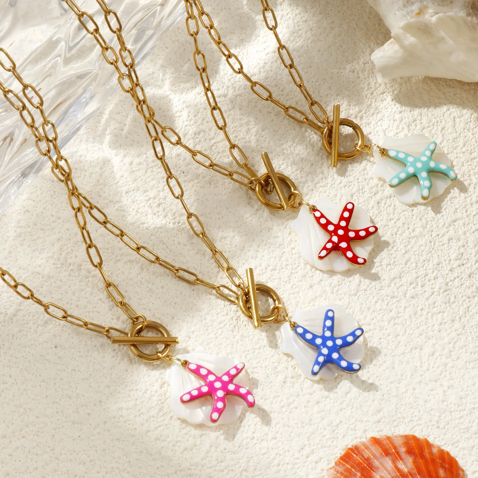 304 Stainless Steel & Shell Necklace 18K Gold Plated Paperclip Link Chain Star Fish Pendant Charm 45cm For Women Ocean Jewelry