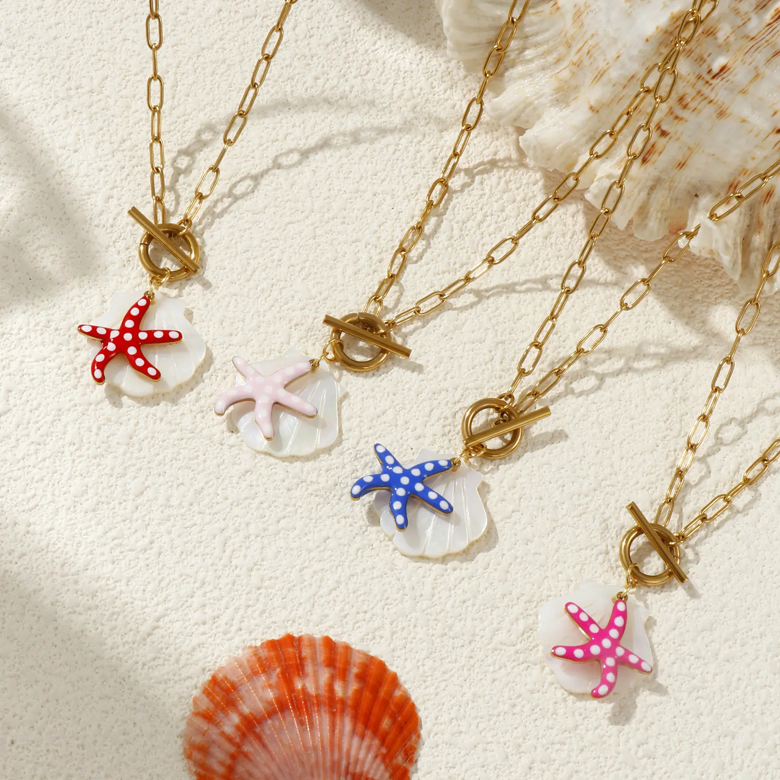 304 Stainless Steel & Shell Necklace 18K Gold Plated Paperclip Link Chain Star Fish Pendant Charm 45cm For Women Ocean Jewelry