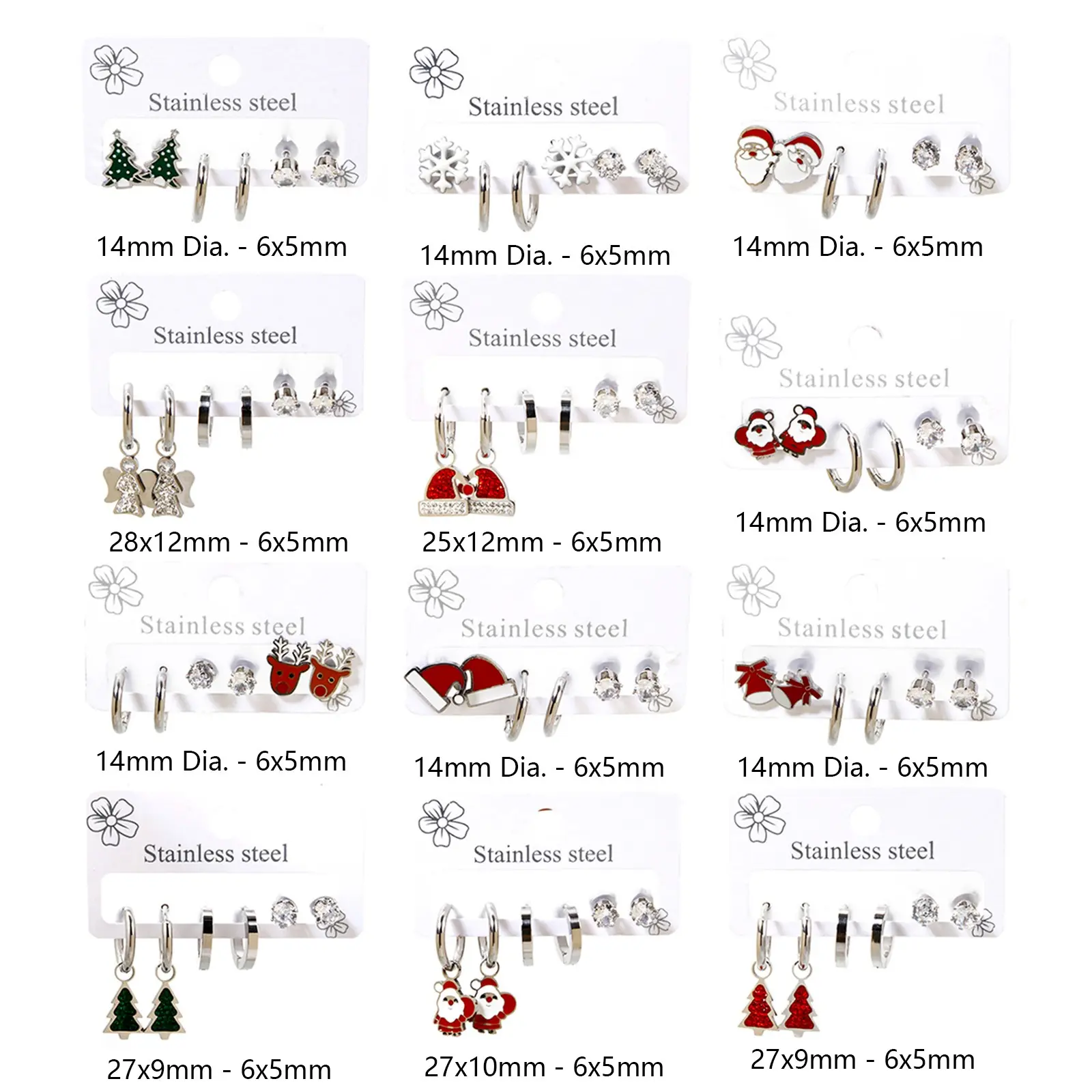 3 Pair/set 304 Stainless Steel Christmas Ear Post Stud Earrings Set Silver Color For Girl Women Ear New Year Jewelry Gifts