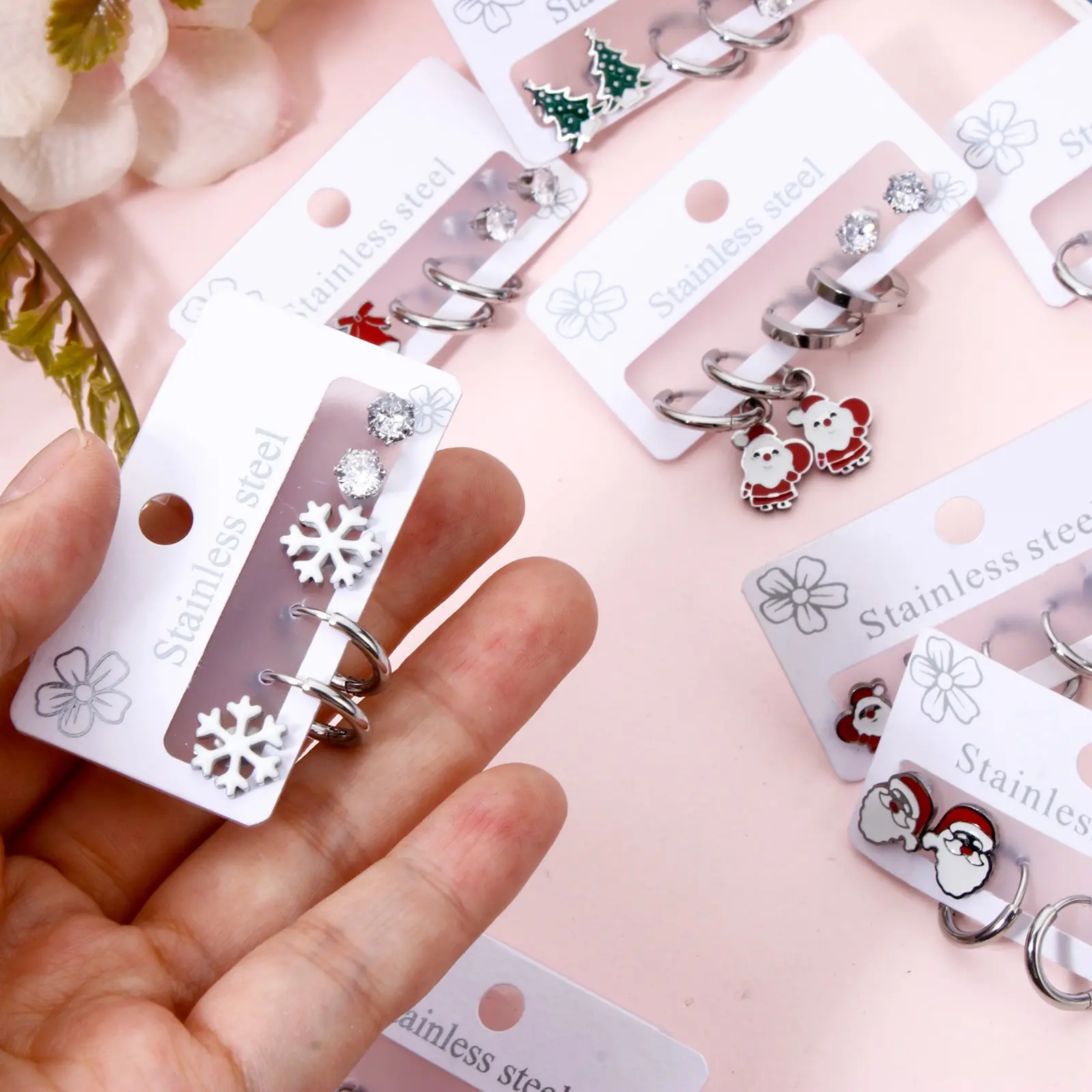 3 Pair/set 304 Stainless Steel Christmas Ear Post Stud Earrings Set Silver Color For Girl Women Ear New Year Jewelry Gifts