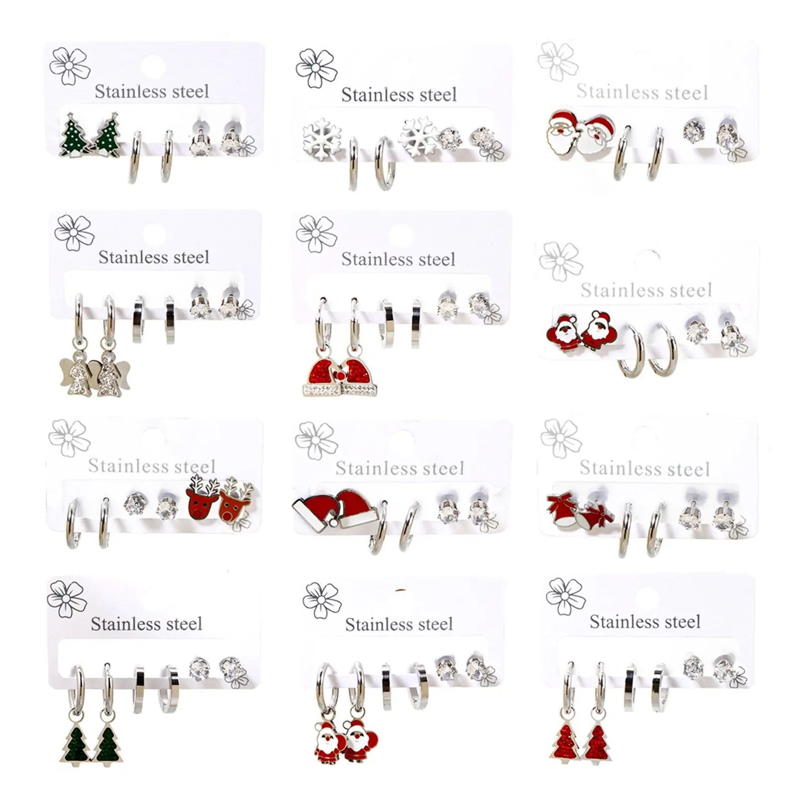 3 Pair/set 304 Stainless Steel Christmas Ear Post Stud Earrings Set Silver Color For Girl Women Ear New Year Jewelry Gifts