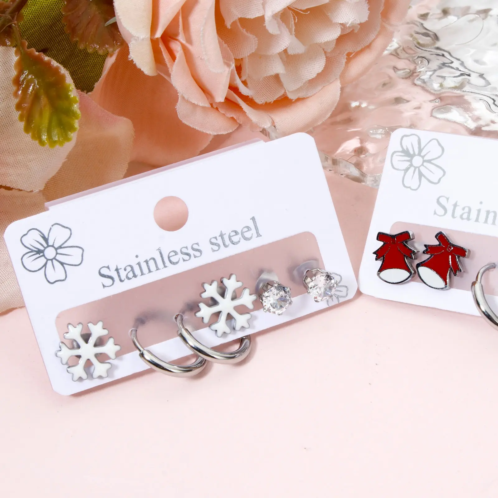 3 Pair/set 304 Stainless Steel Christmas Ear Post Stud Earrings Set Silver Color For Girl Women Ear New Year Jewelry Gifts