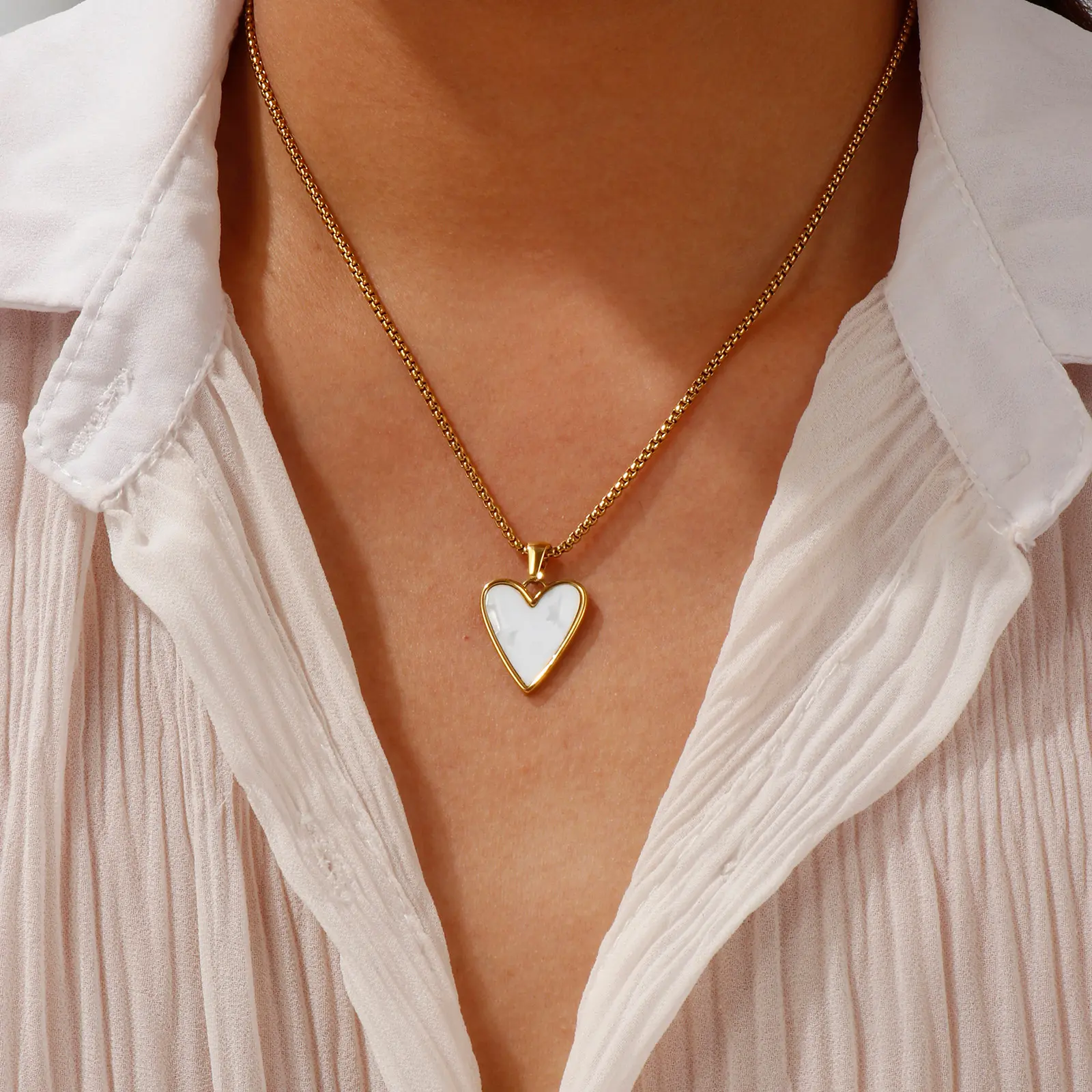18K Gold Plated Box Chain Heart Pendant Necklace 304 Stainless Steel & Natural Shell For Women Gift 45cm(17.7") + 5cm(2")