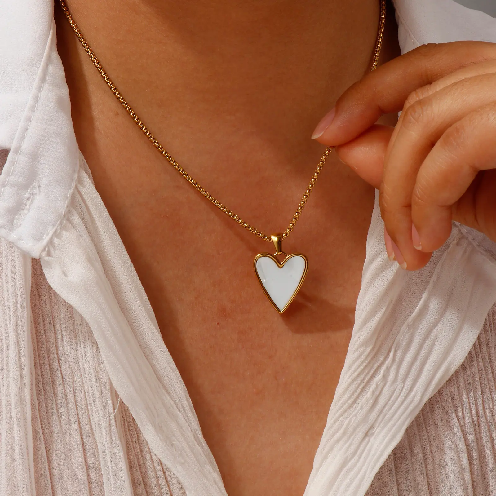 18K Gold Plated Box Chain Heart Pendant Necklace 304 Stainless Steel & Natural Shell For Women Gift 45cm(17.7") + 5cm(2")