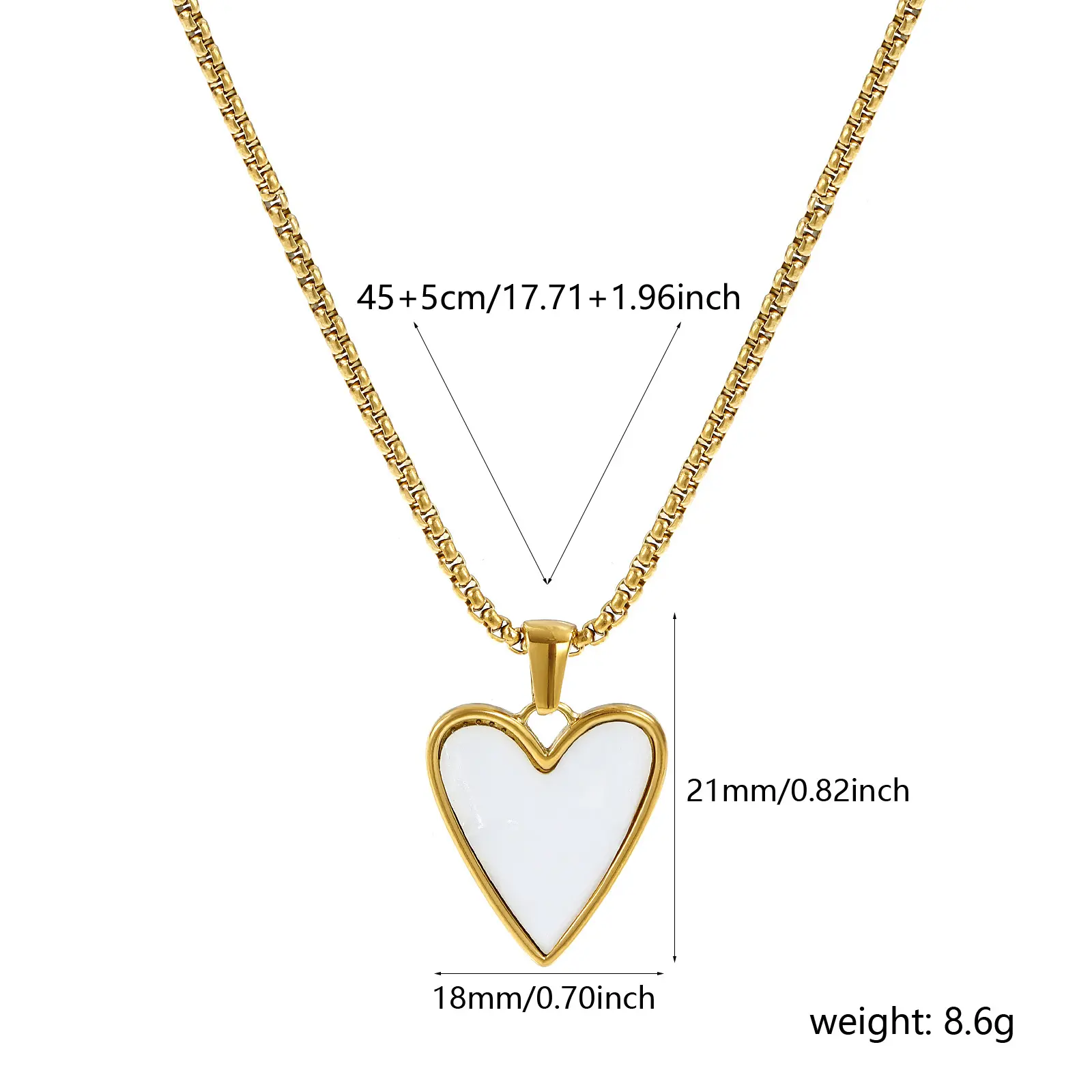 18K Gold Plated Box Chain Heart Pendant Necklace 304 Stainless Steel & Natural Shell For Women Gift 45cm(17.7") + 5cm(2")