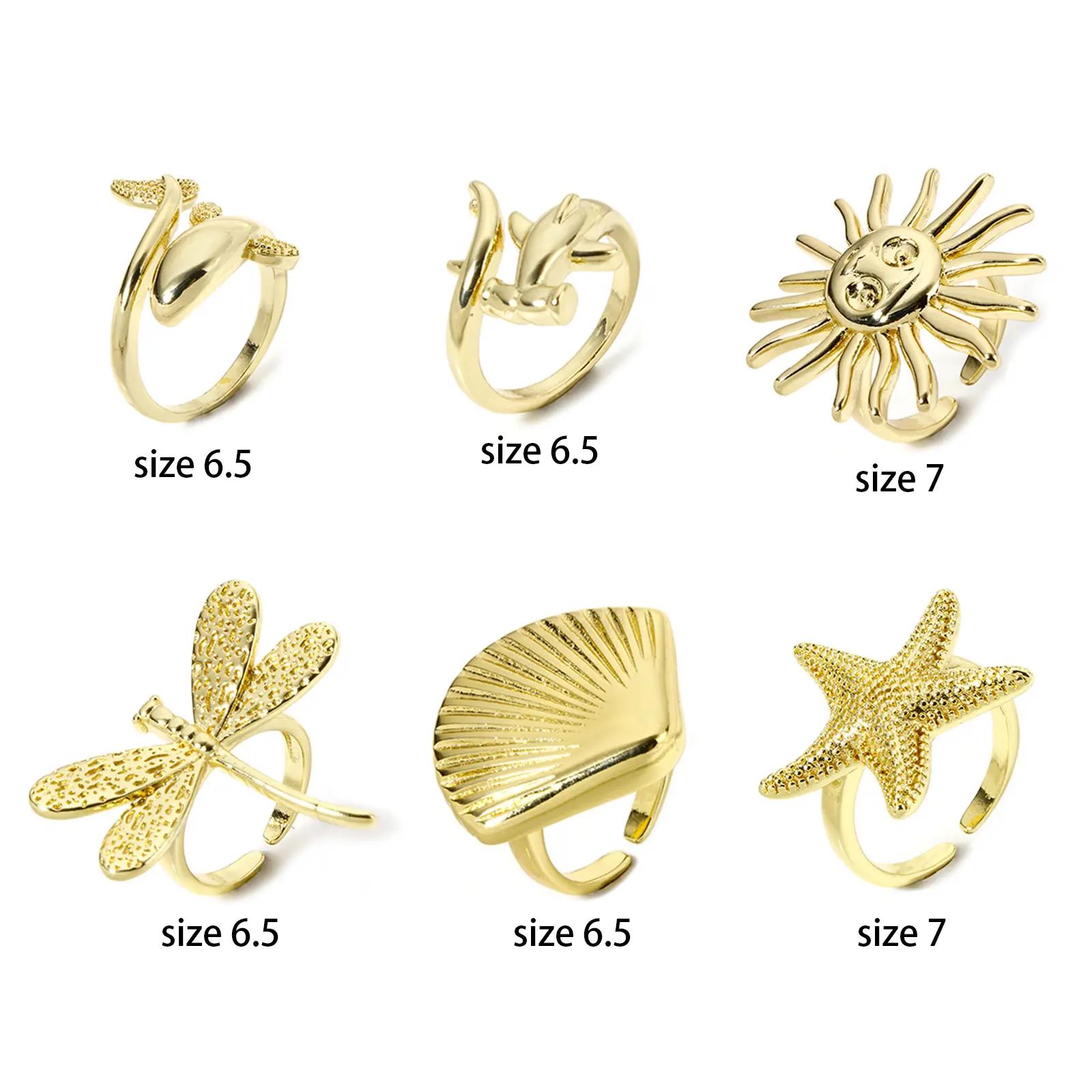 Stylish Ocean 18K Real Gold Plated Brass Open Rings For Women Dragonfly Shell Starfish Shark Shape Ring Summer Beach Party Gifts