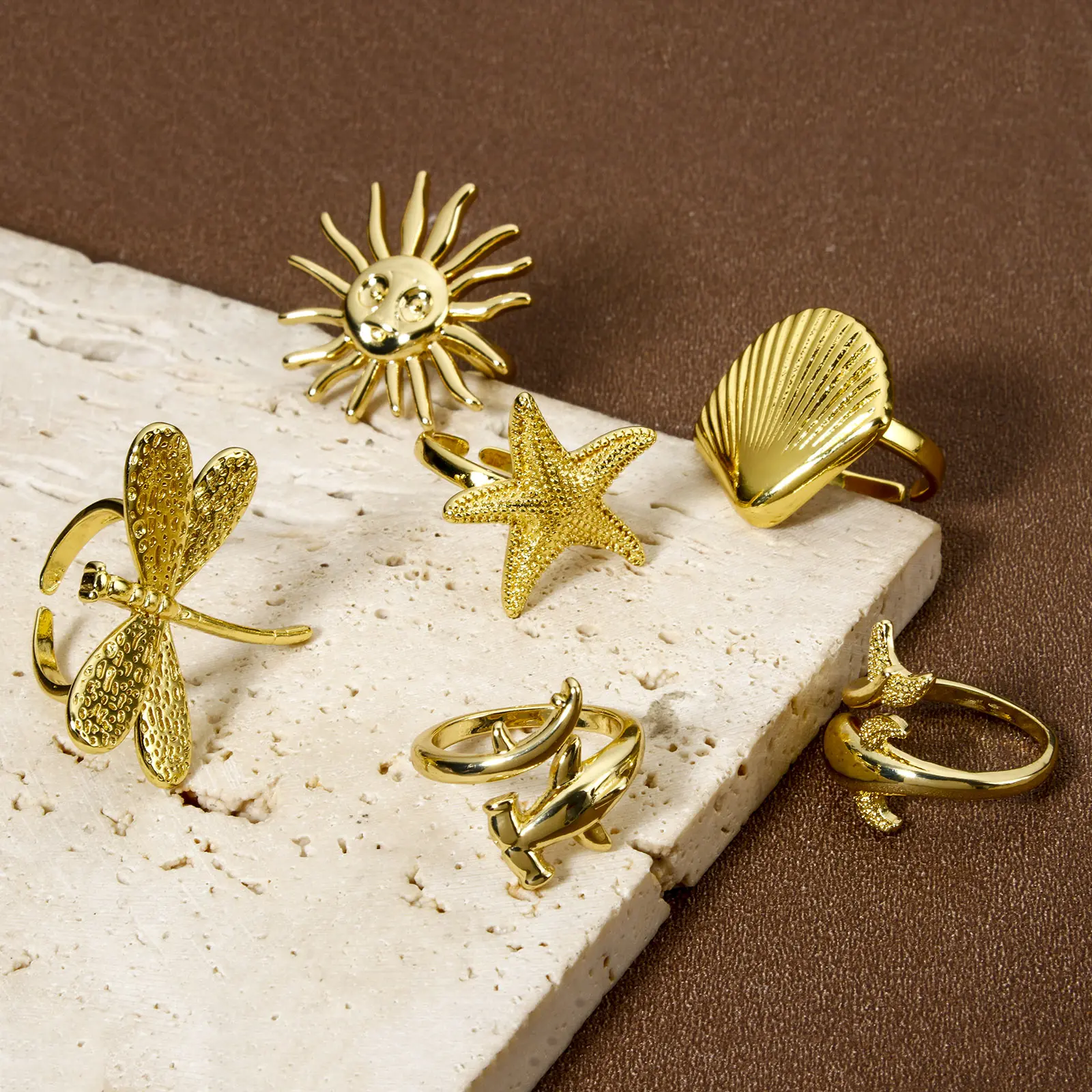 Stylish Ocean 18K Real Gold Plated Brass Open Rings For Women Dragonfly Shell Starfish Shark Shape Ring Summer Beach Party Gifts