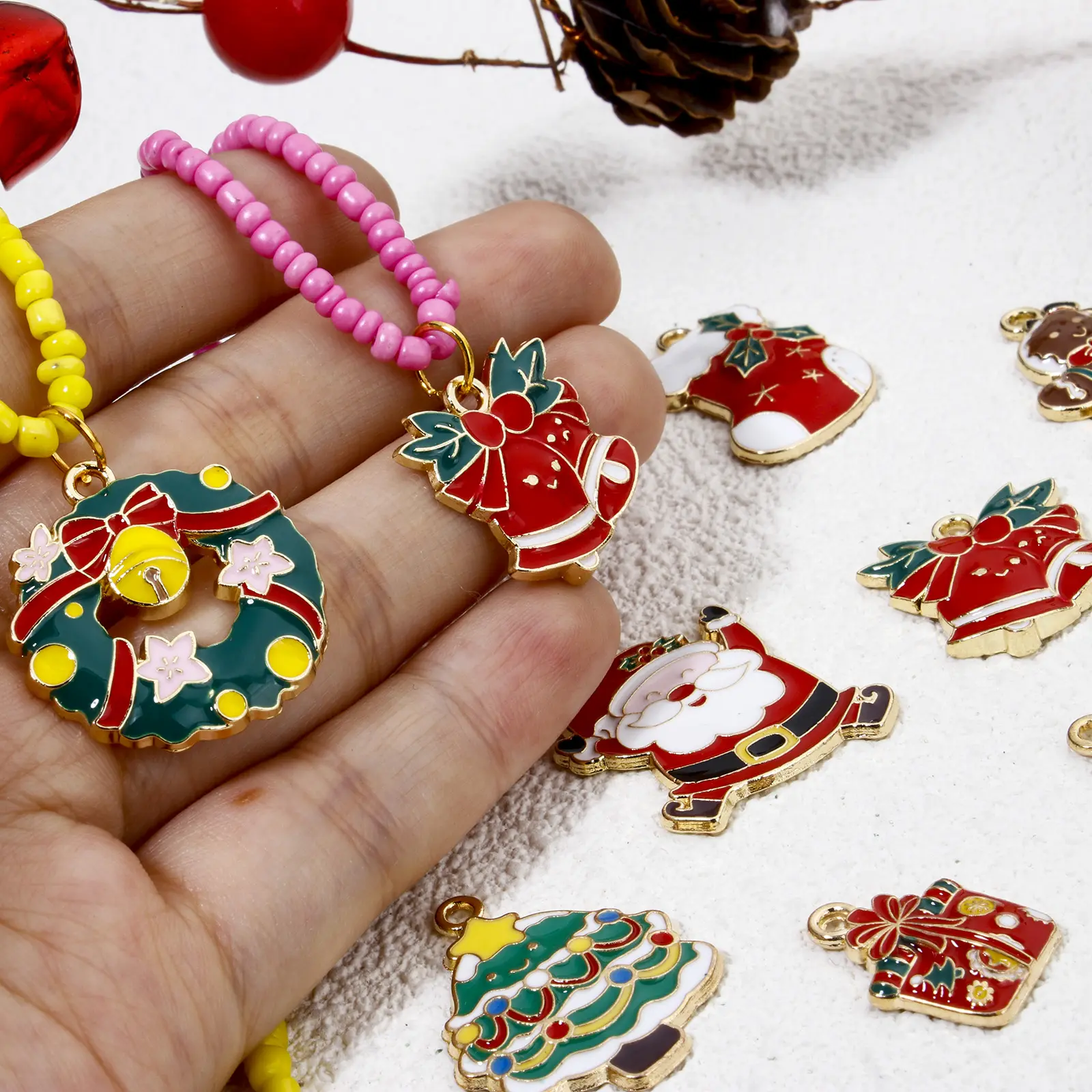 10 PCs Zinc Based Alloy Christmas Charms Gold Color Christmas Tree Bell Enamel Santa Claus Snowman Pendants For Jewerly Making