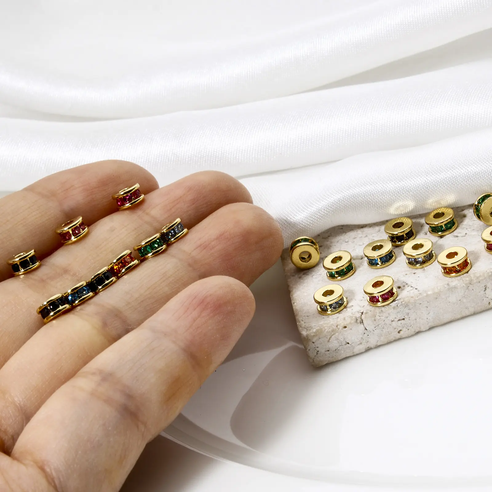 2/6PCs Brass Spacer Beads For DIY Bracelet Jewelry Making Findings 18K Real Gold Plated Flat Round Cubic Zirconia About 5mm Dia.