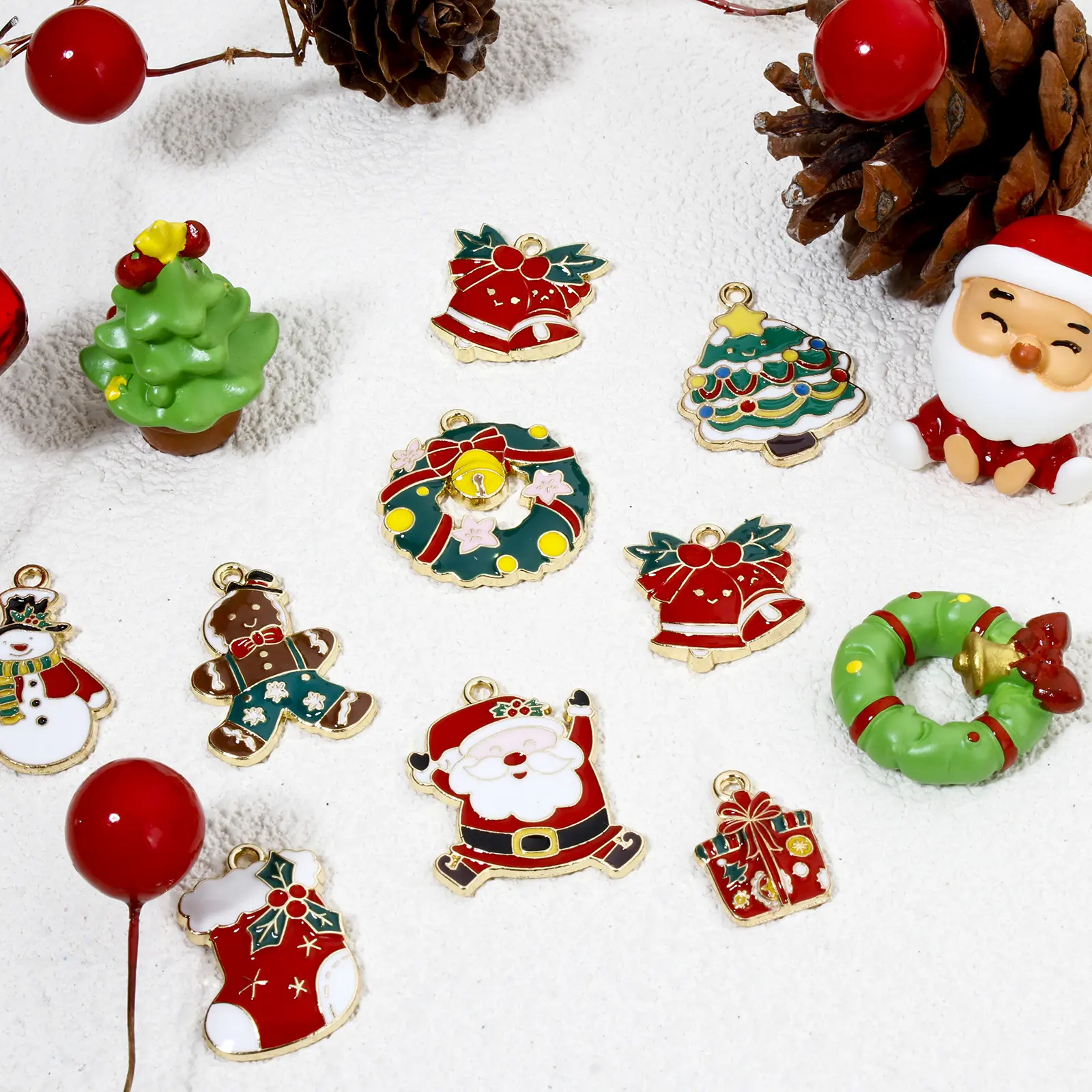 10 PCs Zinc Based Alloy Christmas Charms Gold Color Christmas Tree Bell Enamel Santa Claus Snowman Pendants For Jewerly Making