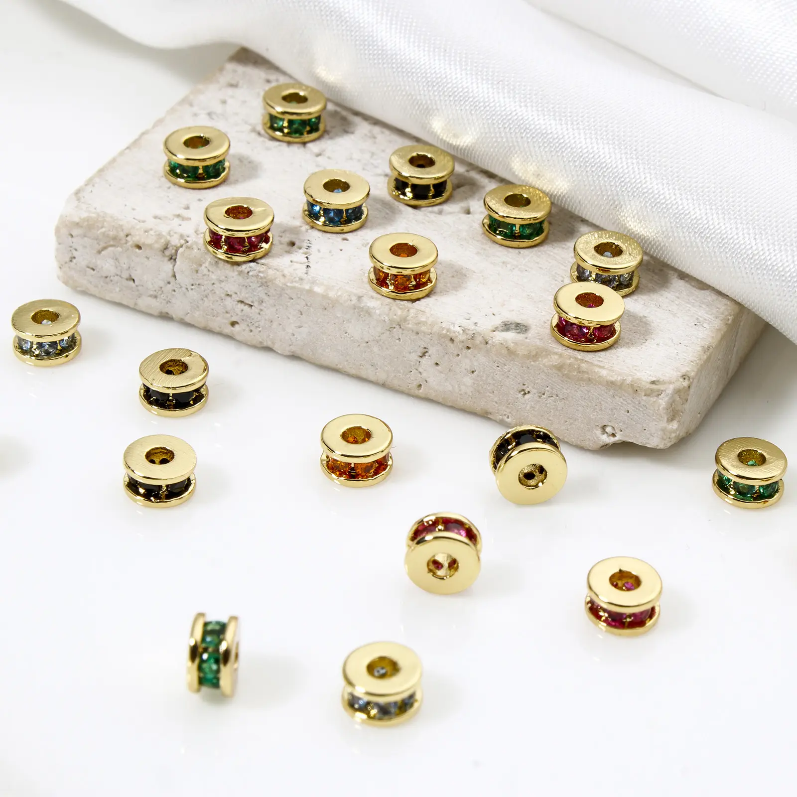 2/6PCs Brass Spacer Beads For DIY Bracelet Jewelry Making Findings 18K Real Gold Plated Flat Round Cubic Zirconia About 5mm Dia.