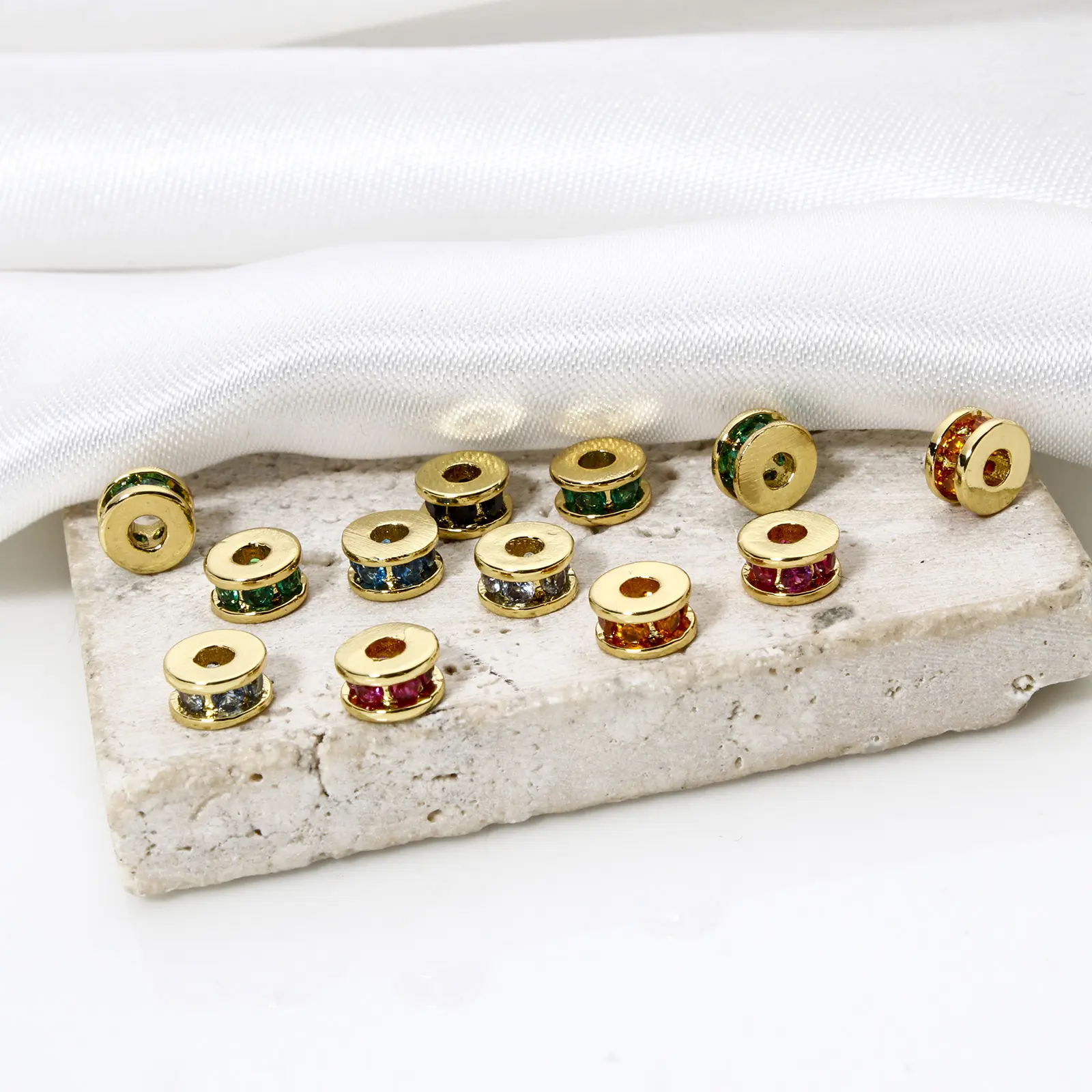 2/6PCs Brass Spacer Beads For DIY Bracelet Jewelry Making Findings 18K Real Gold Plated Flat Round Cubic Zirconia About 5mm Dia.