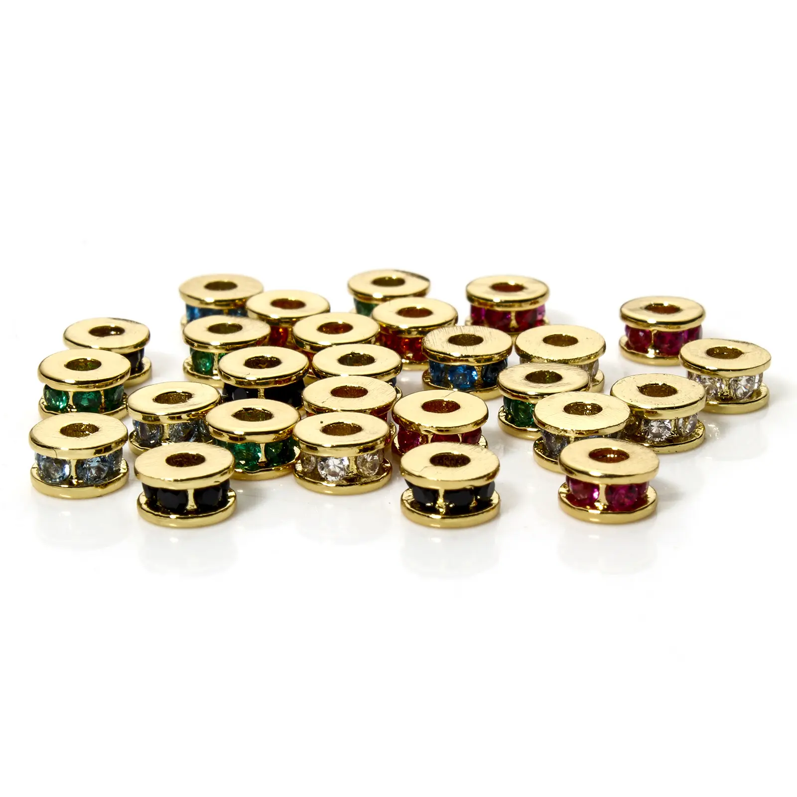 2/6PCs Brass Spacer Beads For DIY Bracelet Jewelry Making Findings 18K Real Gold Plated Flat Round Cubic Zirconia About 5mm Dia.