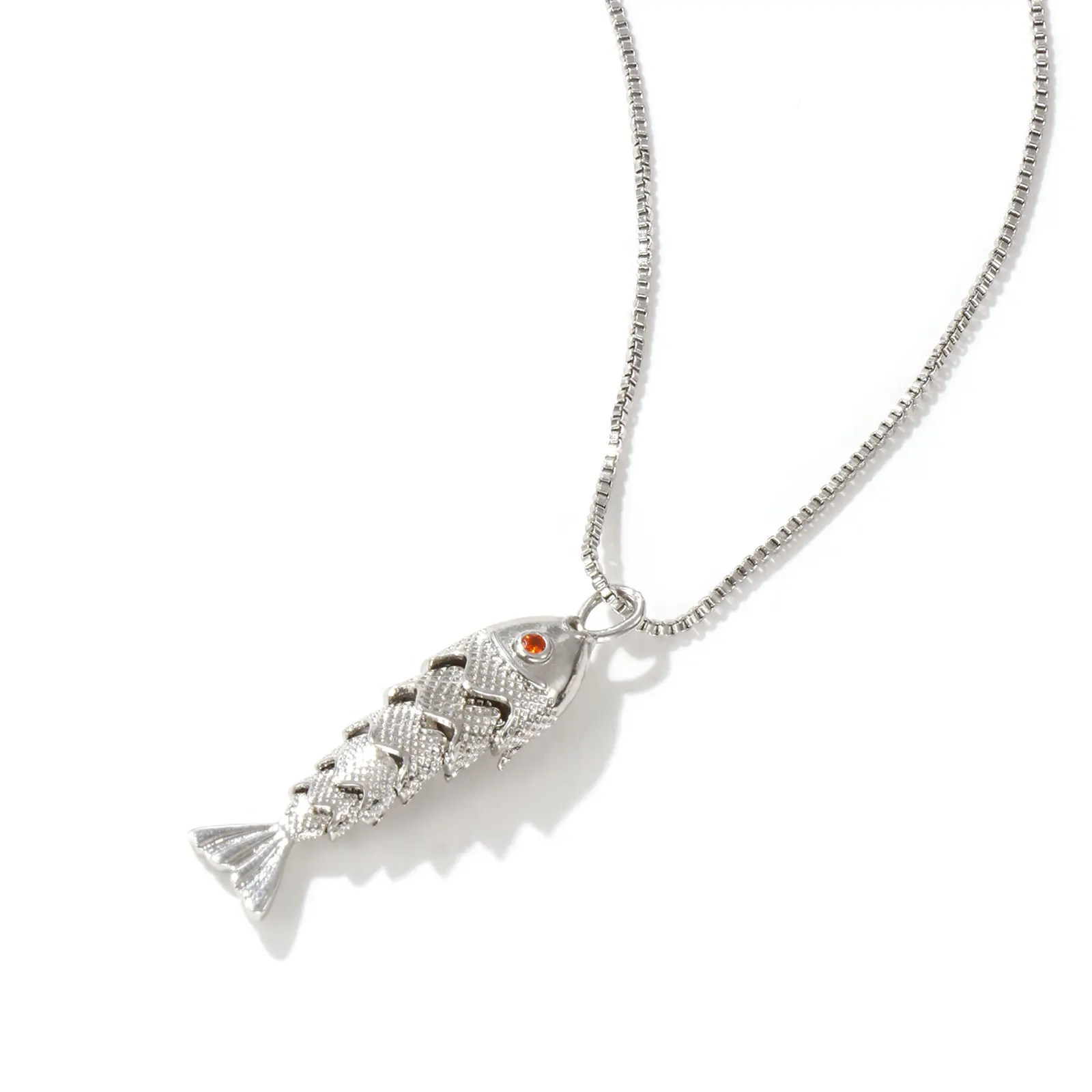 Brass Box Chain Fish Pendant Charm Necklace For Women Orange Cubic Zirconia 3D Movable Ocean Jewelry Gift 45cm(17.7") + 5cm(2")