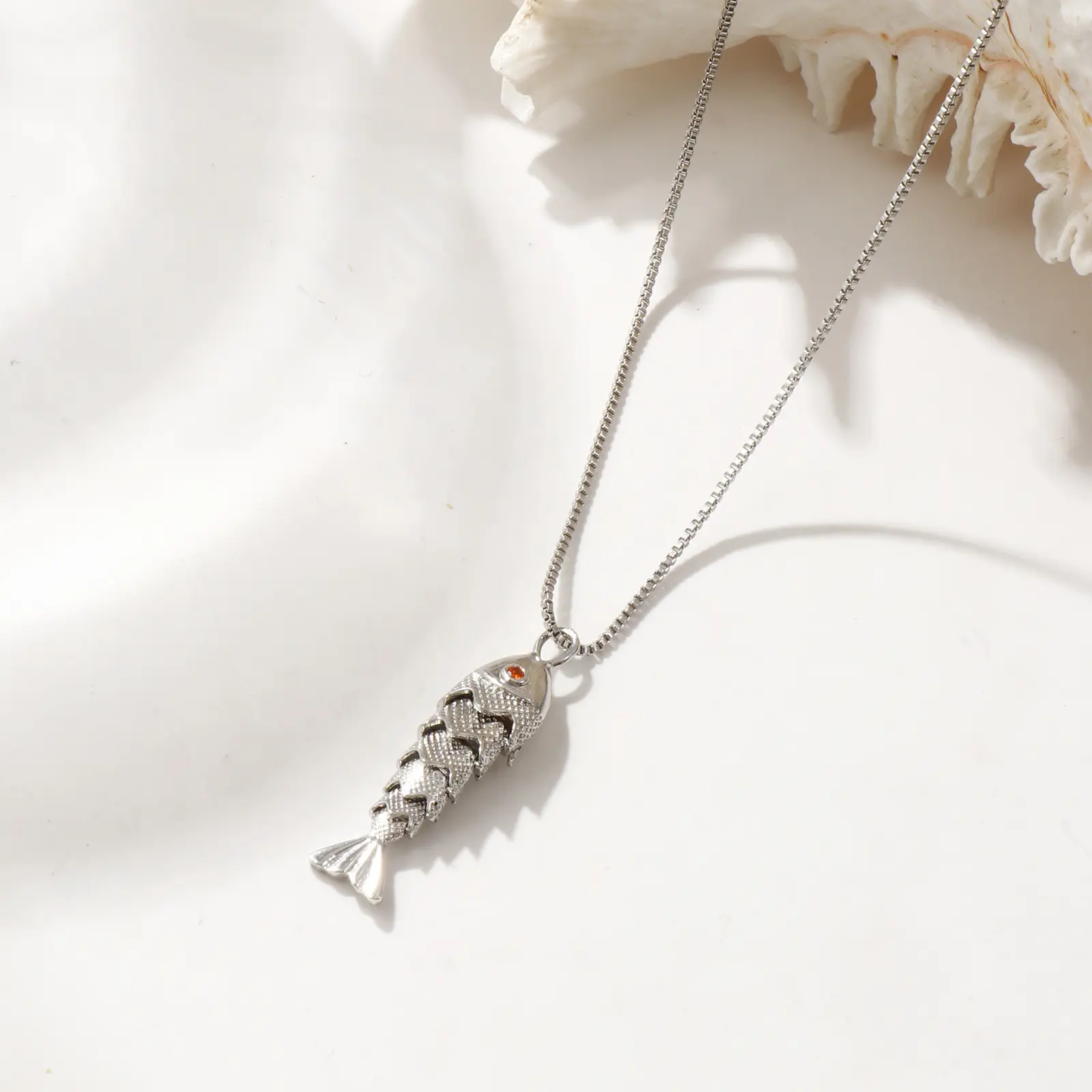 Brass Box Chain Fish Pendant Charm Necklace For Women Orange Cubic Zirconia 3D Movable Ocean Jewelry Gift 45cm(17.7") + 5cm(2")