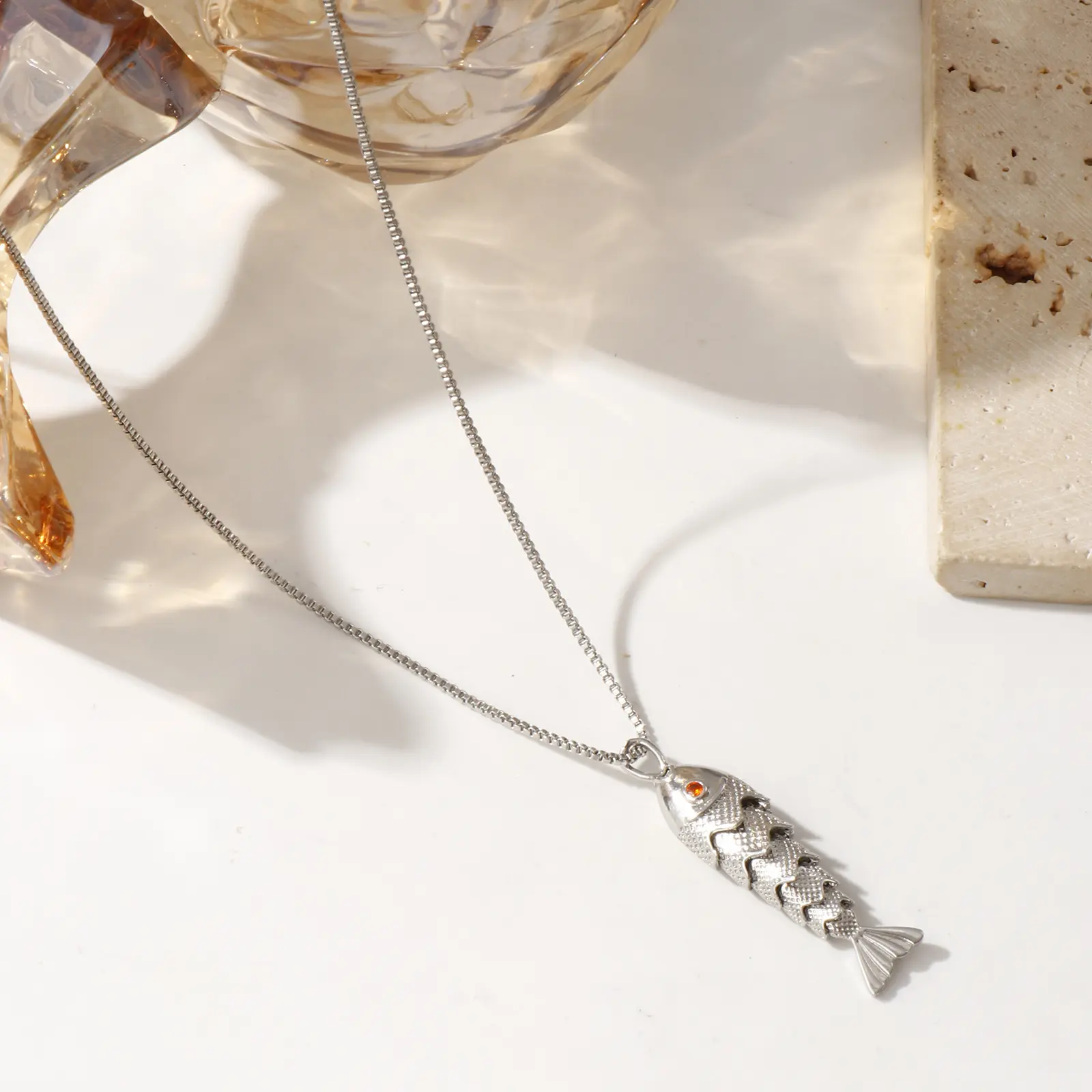 Brass Box Chain Fish Pendant Charm Necklace For Women Orange Cubic Zirconia 3D Movable Ocean Jewelry Gift 45cm(17.7") + 5cm(2")