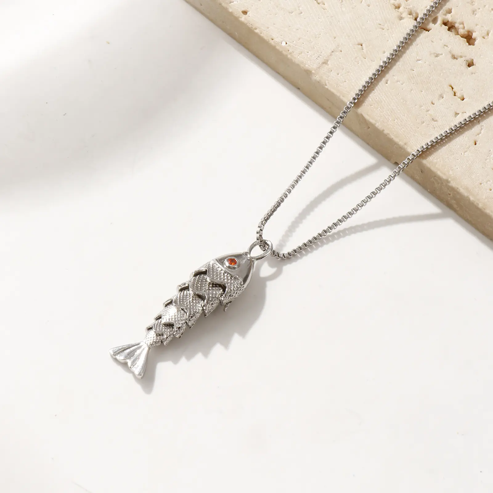 Brass Box Chain Fish Pendant Charm Necklace For Women Orange Cubic Zirconia 3D Movable Ocean Jewelry Gift 45cm(17.7") + 5cm(2")