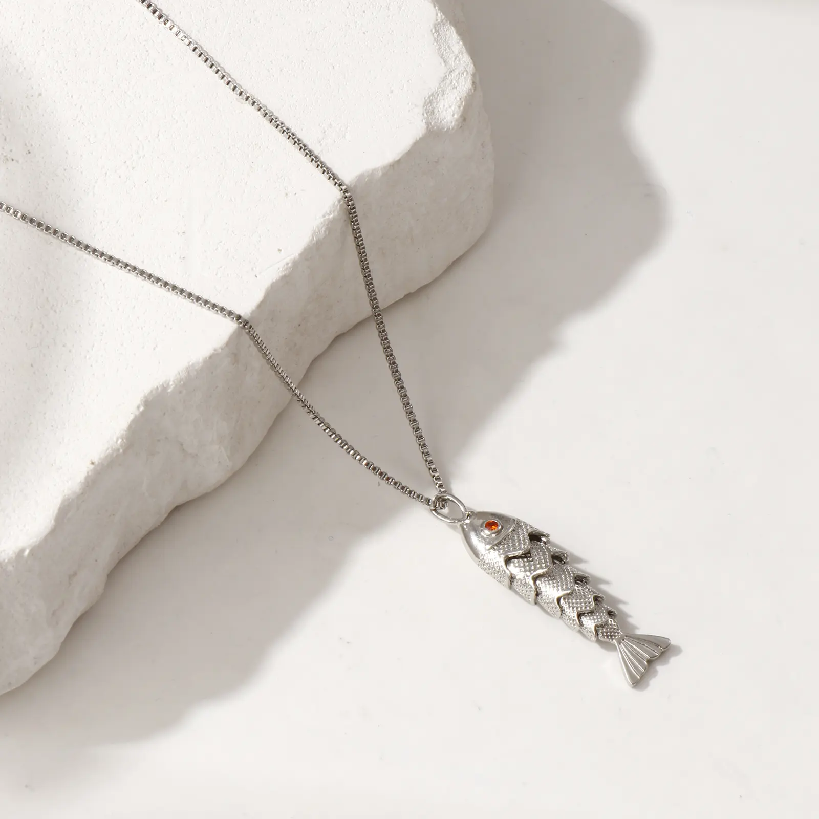 Brass Box Chain Fish Pendant Charm Necklace For Women Orange Cubic Zirconia 3D Movable Ocean Jewelry Gift 45cm(17.7") + 5cm(2")