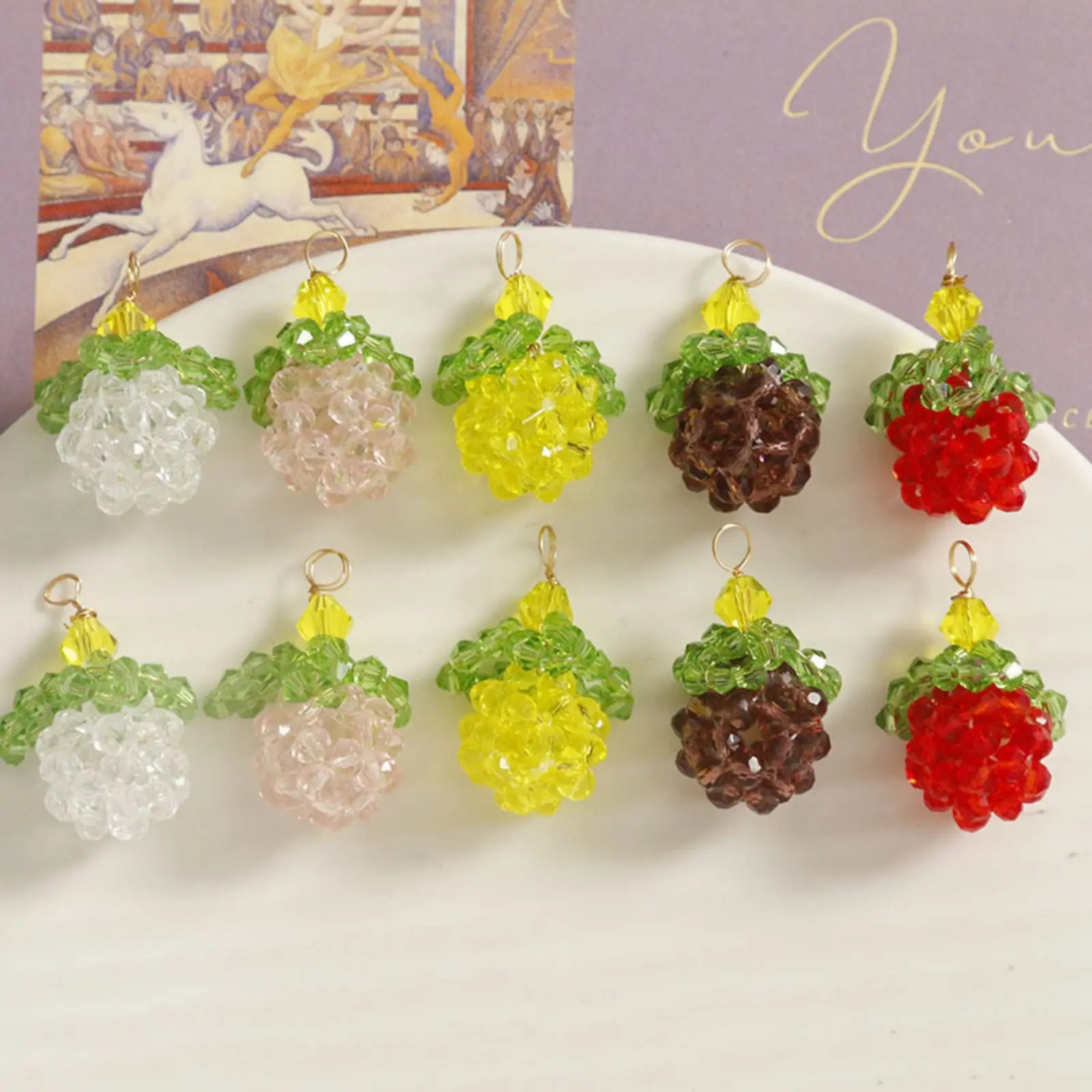 2 PCs Iron Based Alloy & Glass Crochet Knitted Weaving Pendants Fruit Grape Chili Pineapple Charms For DIY Necklace Making
