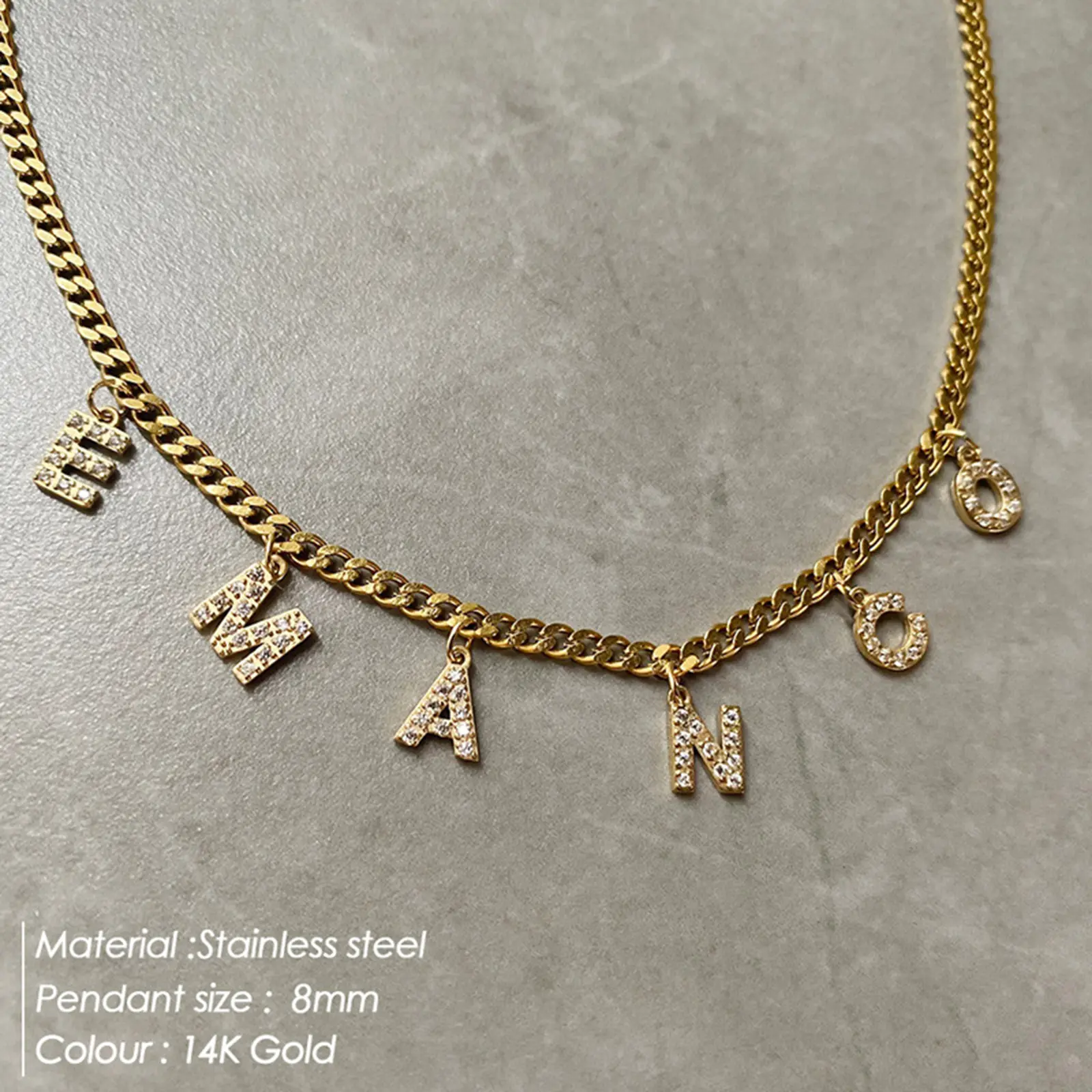304 Stainless Steel Customized Name Necklace Zircon Alphabet Personalized Letter Pendant Nameplate Necklace Gold Color 45cm long