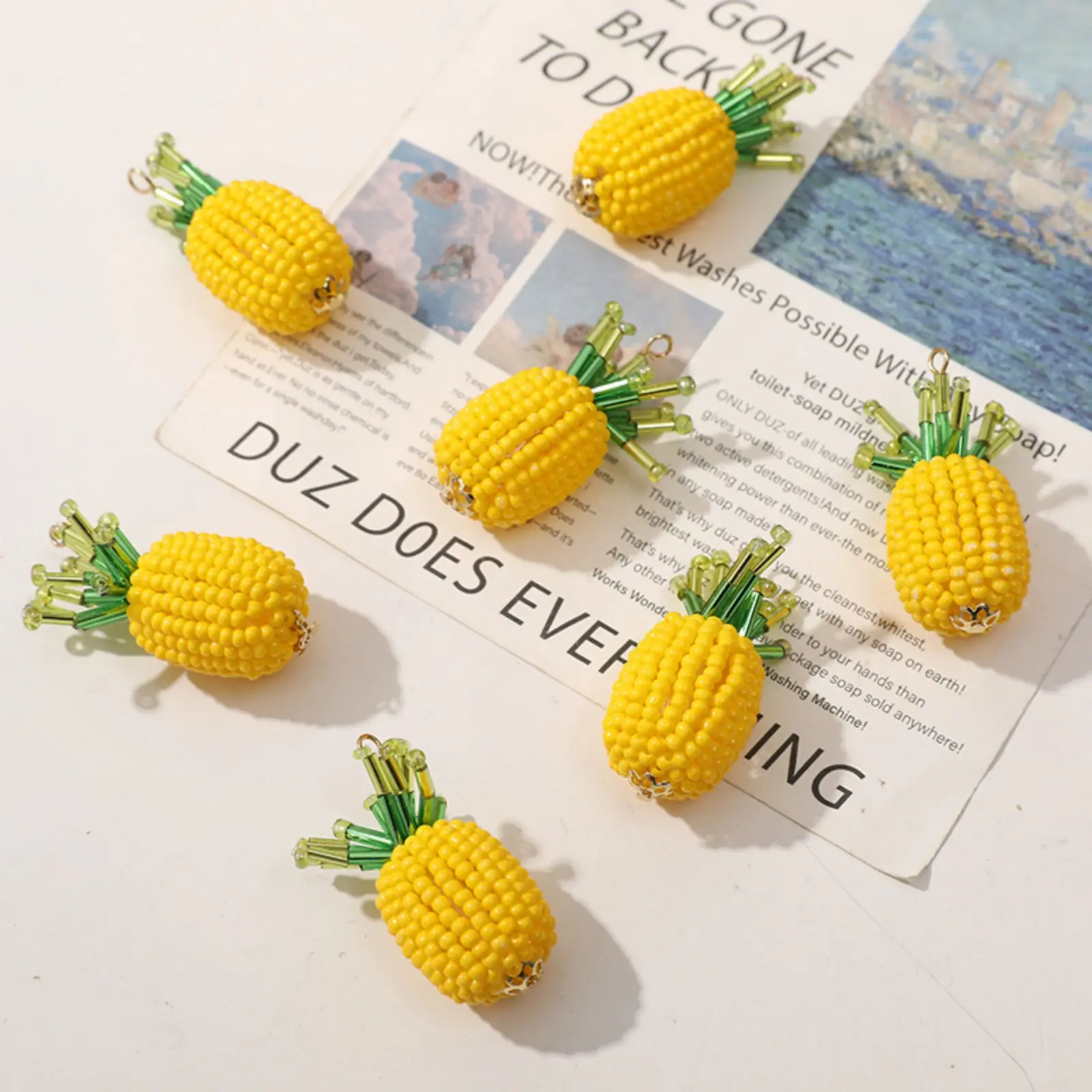 2 PCs Iron Based Alloy & Glass Crochet Knitted Weaving Pendants Fruit Grape Chili Pineapple Charms For DIY Necklace Making