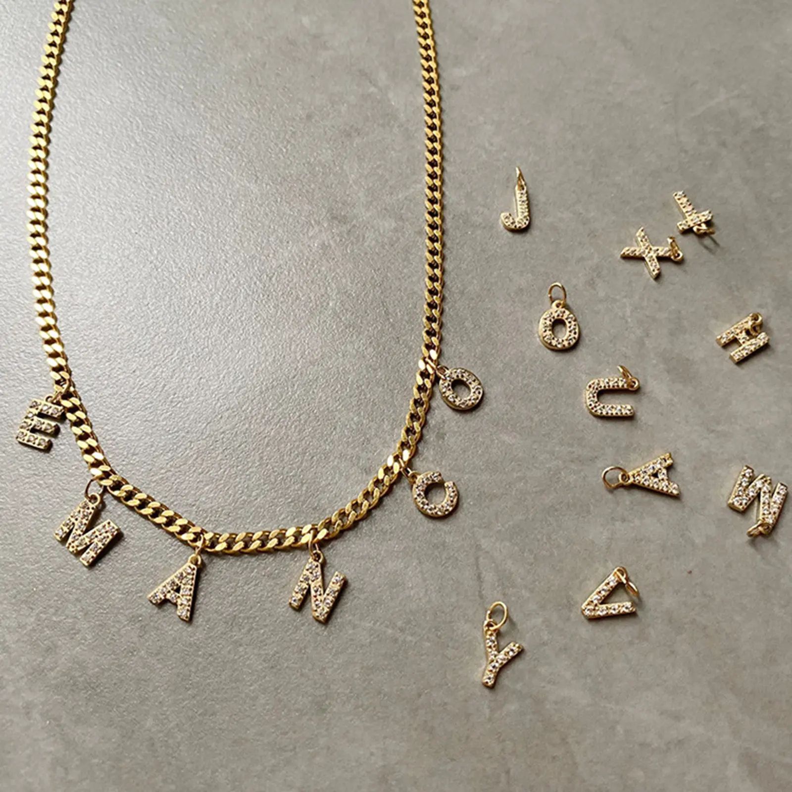 304 Stainless Steel Customized Name Necklace Zircon Alphabet Personalized Letter Pendant Nameplate Necklace Gold Color 45cm long