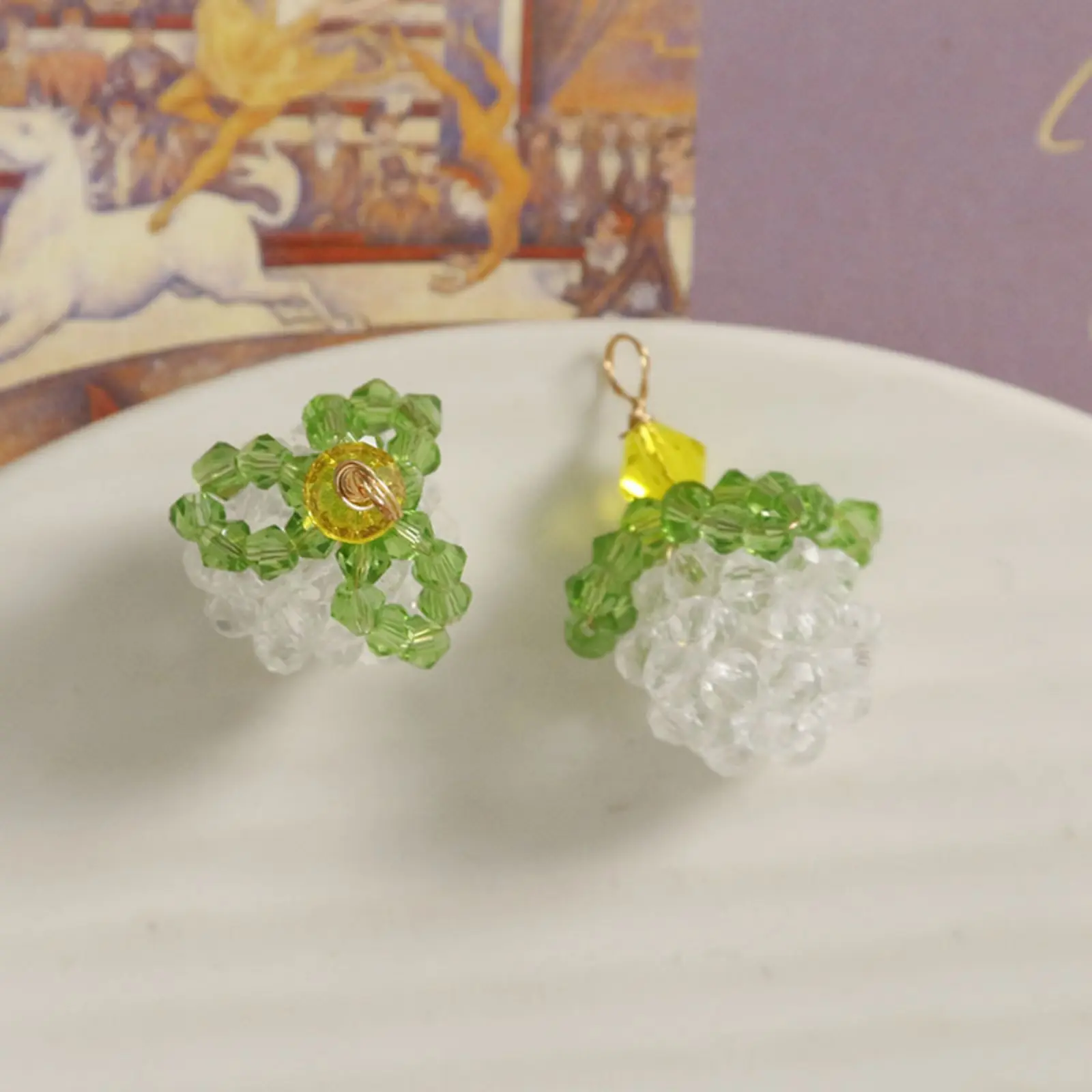 2 PCs Iron Based Alloy & Glass Crochet Knitted Weaving Pendants Fruit Grape Chili Pineapple Charms For DIY Necklace Making