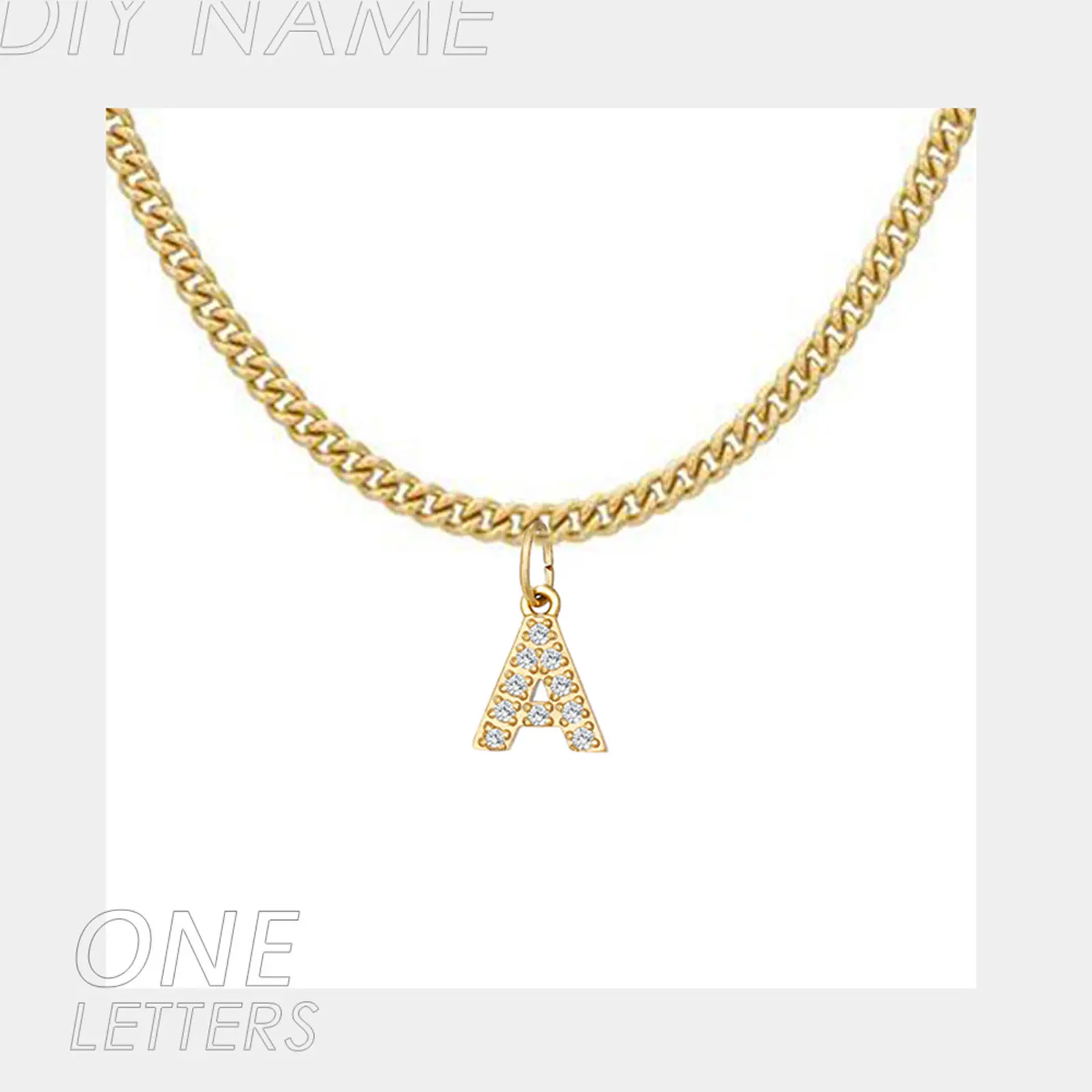 304 Stainless Steel Customized Name Necklace Zircon Alphabet Personalized Letter Pendant Nameplate Necklace Gold Color 45cm long