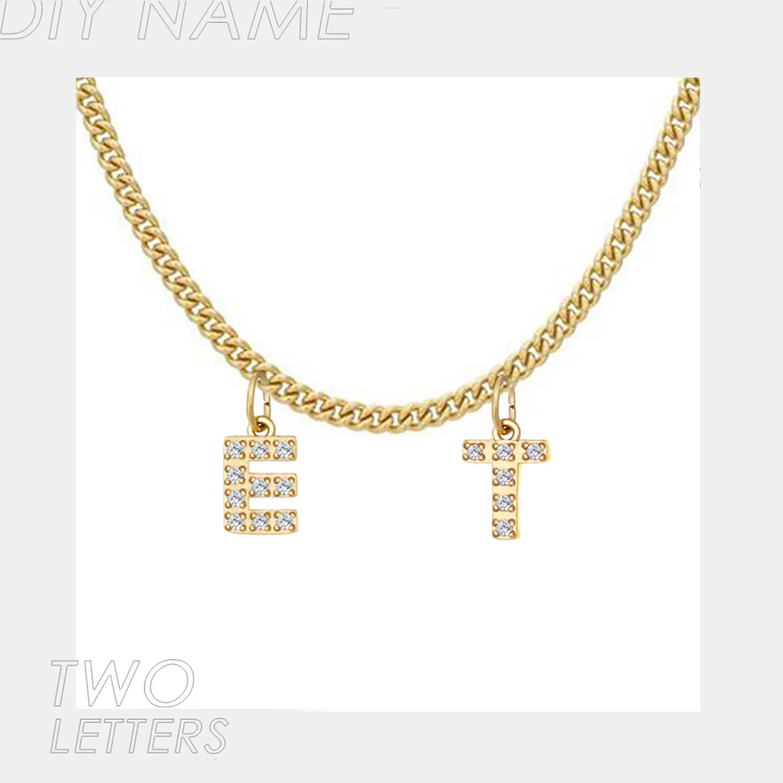 304 Stainless Steel Customized Name Necklace Zircon Alphabet Personalized Letter Pendant Nameplate Necklace Gold Color 45cm long