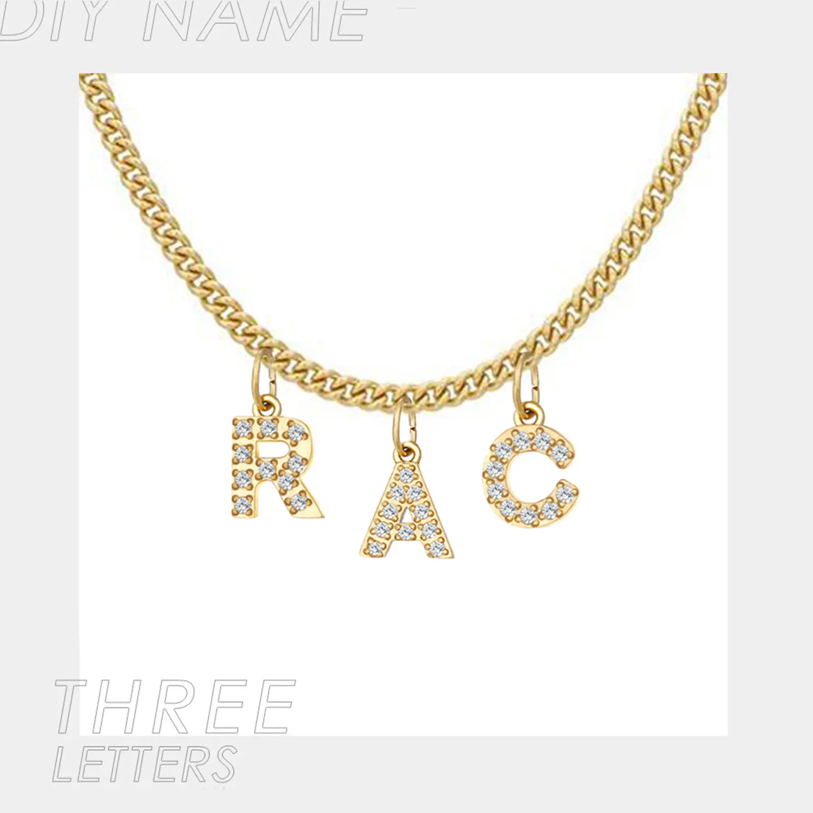 304 Stainless Steel Customized Name Necklace Zircon Alphabet Personalized Letter Pendant Nameplate Necklace Gold Color 45cm long