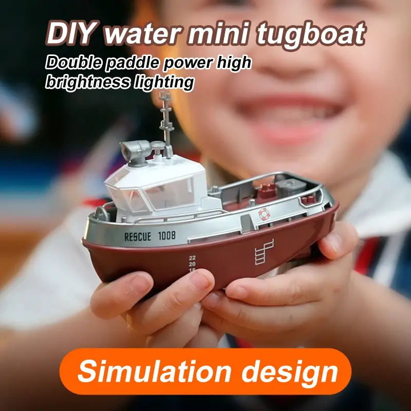 1:32 Mini Remote Control Rescue Boat 2.4G RC Tugboat LED Light RC Ship Lighting Electronic RC Boats Water Toys Boys Girls Gift