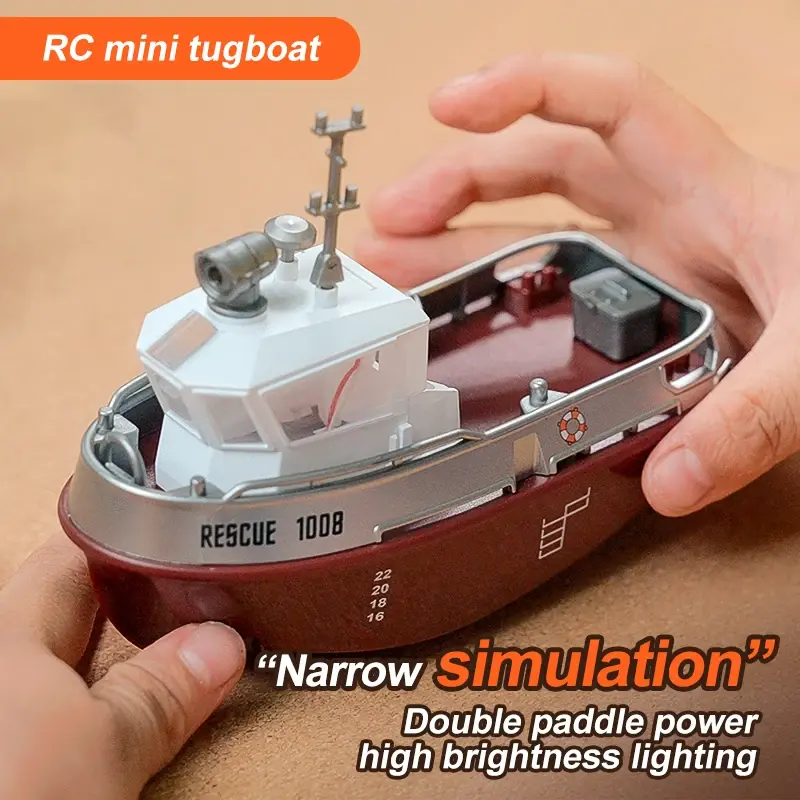 1:32 Mini Remote Control Rescue Boat 2.4G RC Tugboat LED Light RC Ship Lighting Electronic RC Boats Water Toys Boys Girls Gift