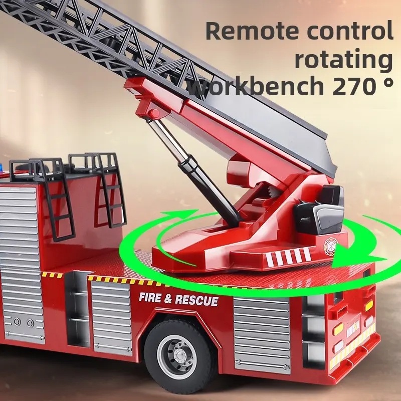 22CH RC Fire Truck with RC Aerial Ladder LED Light Sound Effect RC Fire Engine Spray Water Fire Sprinkler Truck Toys RC Car
