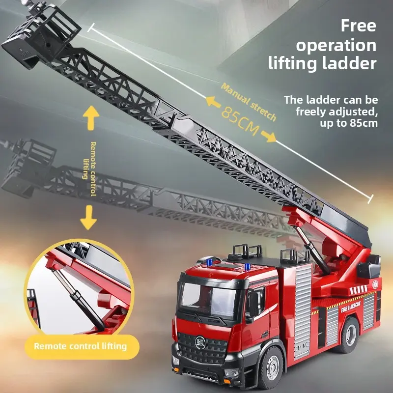 22CH RC Fire Truck with RC Aerial Ladder LED Light Sound Effect RC Fire Engine Spray Water Fire Sprinkler Truck Toys RC Car