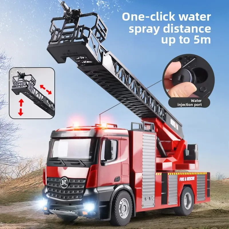 22CH RC Fire Truck with RC Aerial Ladder LED Light Sound Effect RC Fire Engine Spray Water Fire Sprinkler Truck Toys RC Car