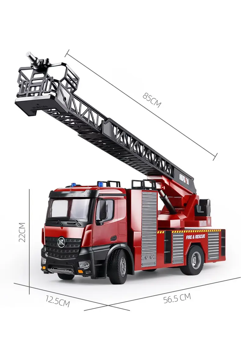 22CH RC Fire Truck with RC Aerial Ladder LED Light Sound Effect RC Fire Engine Spray Water Fire Sprinkler Truck Toys RC Car